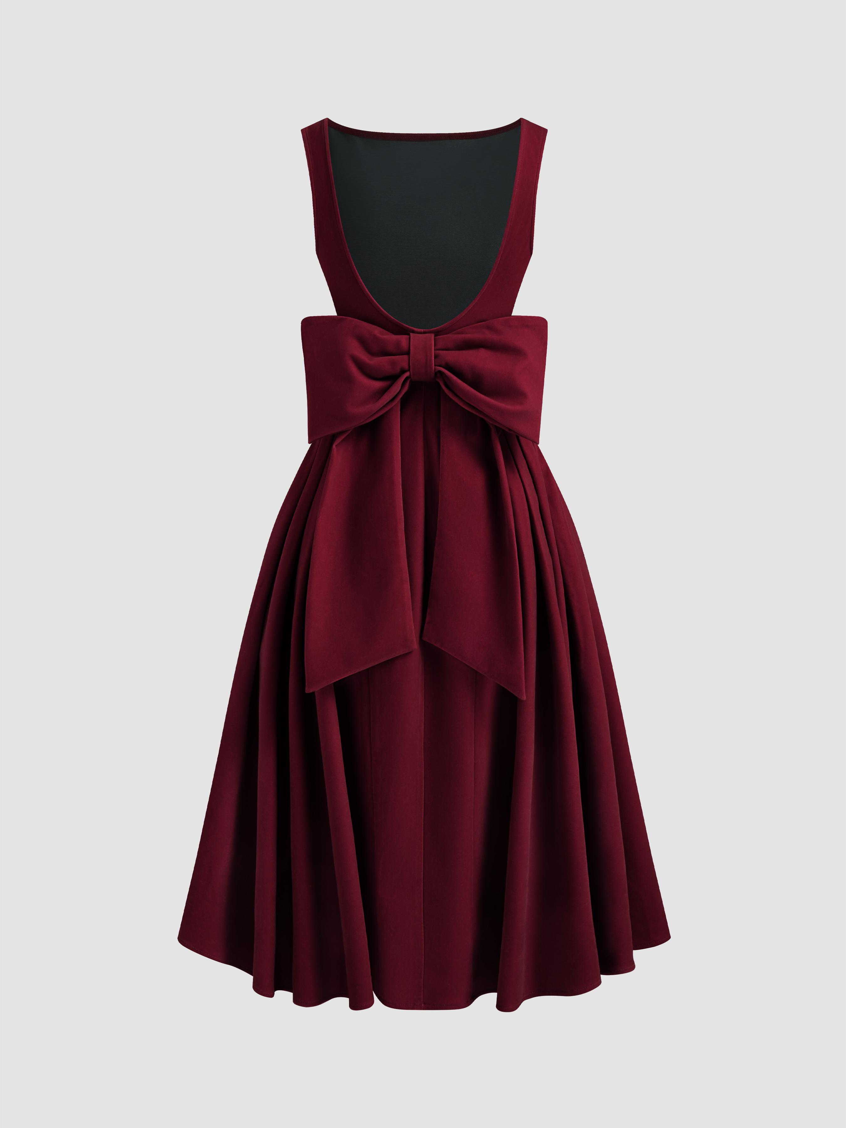 Velvet Boat Neck Bowknot Backless Midi Dress by CIDER