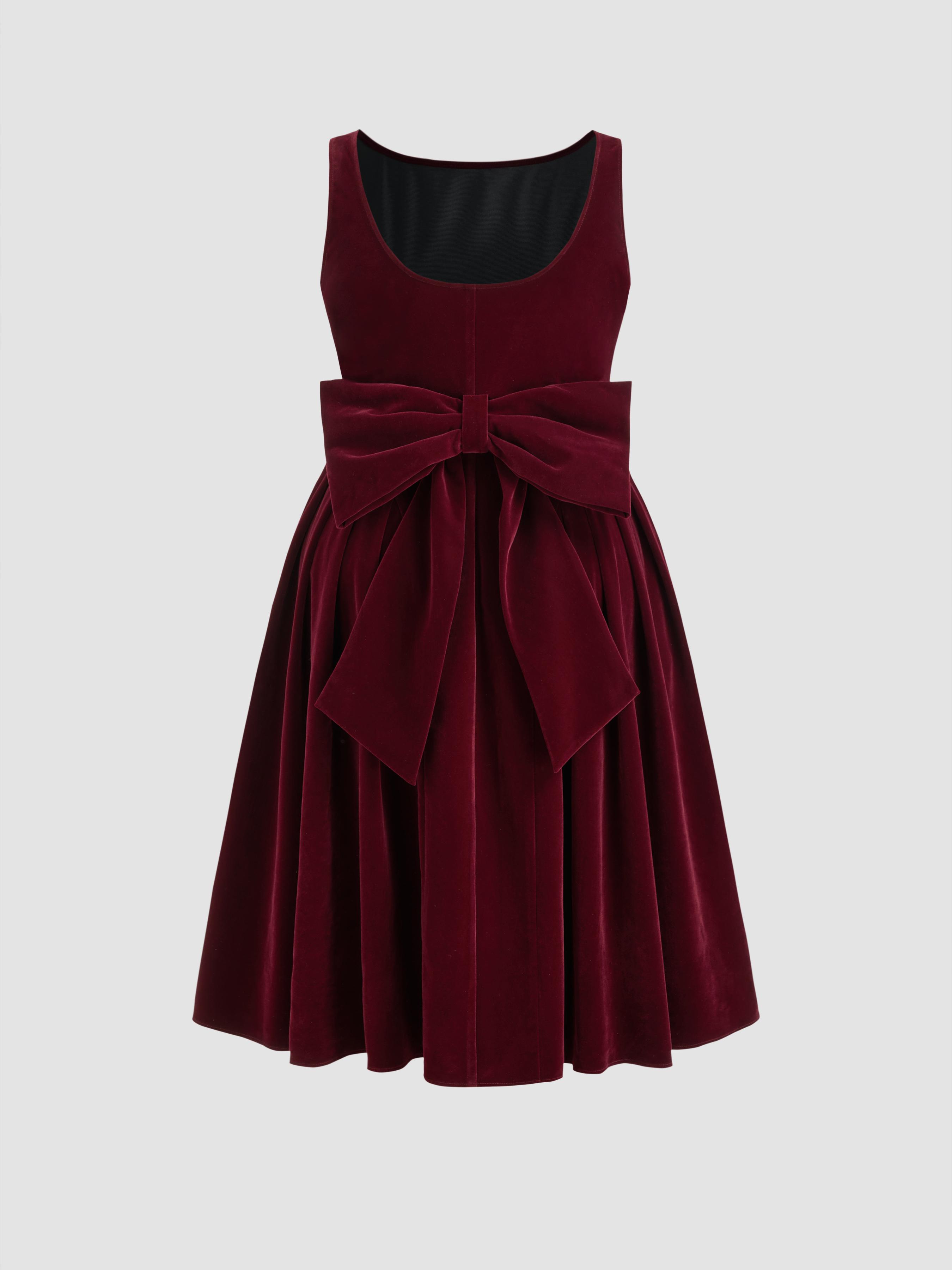 Velvet Boat Neck Bowknot Midi Dress Curve & Plus by CIDER