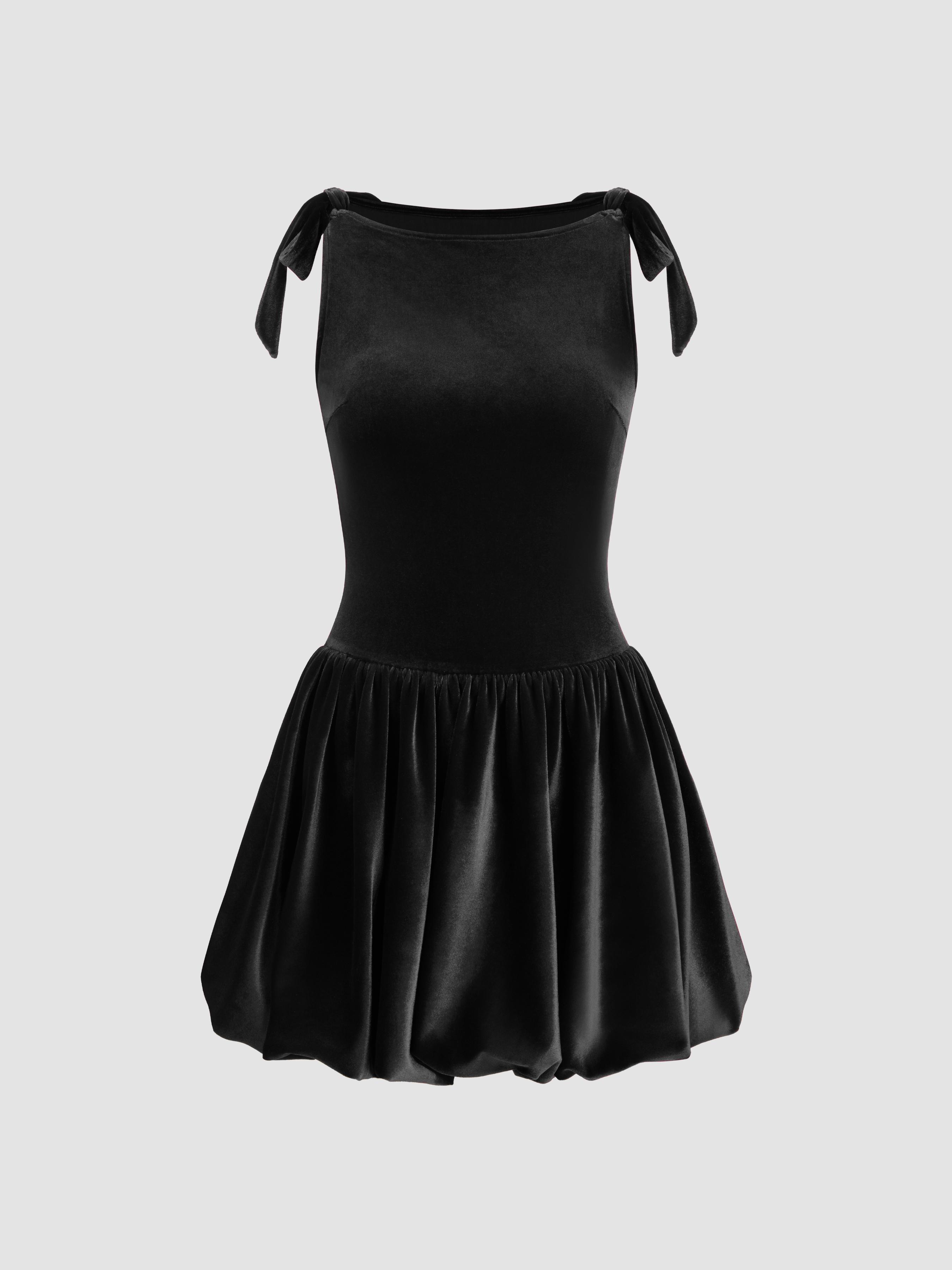 Velvet Boat Neck Bubble Hem Bowknot Mini Dress by CIDER