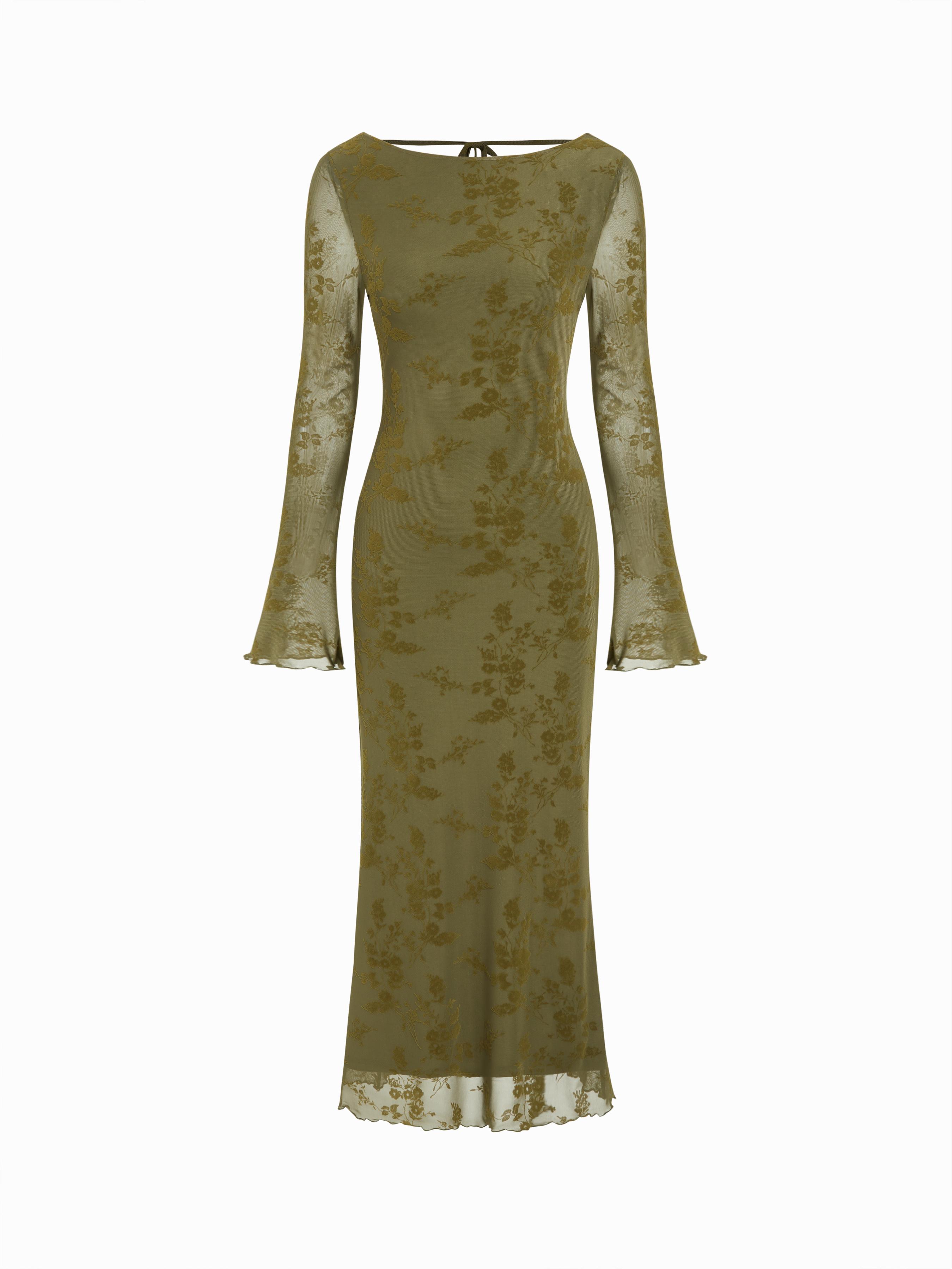 Velvet Boat Neck Floral Lace Backless Tie Back Maxi Dress by CIDER