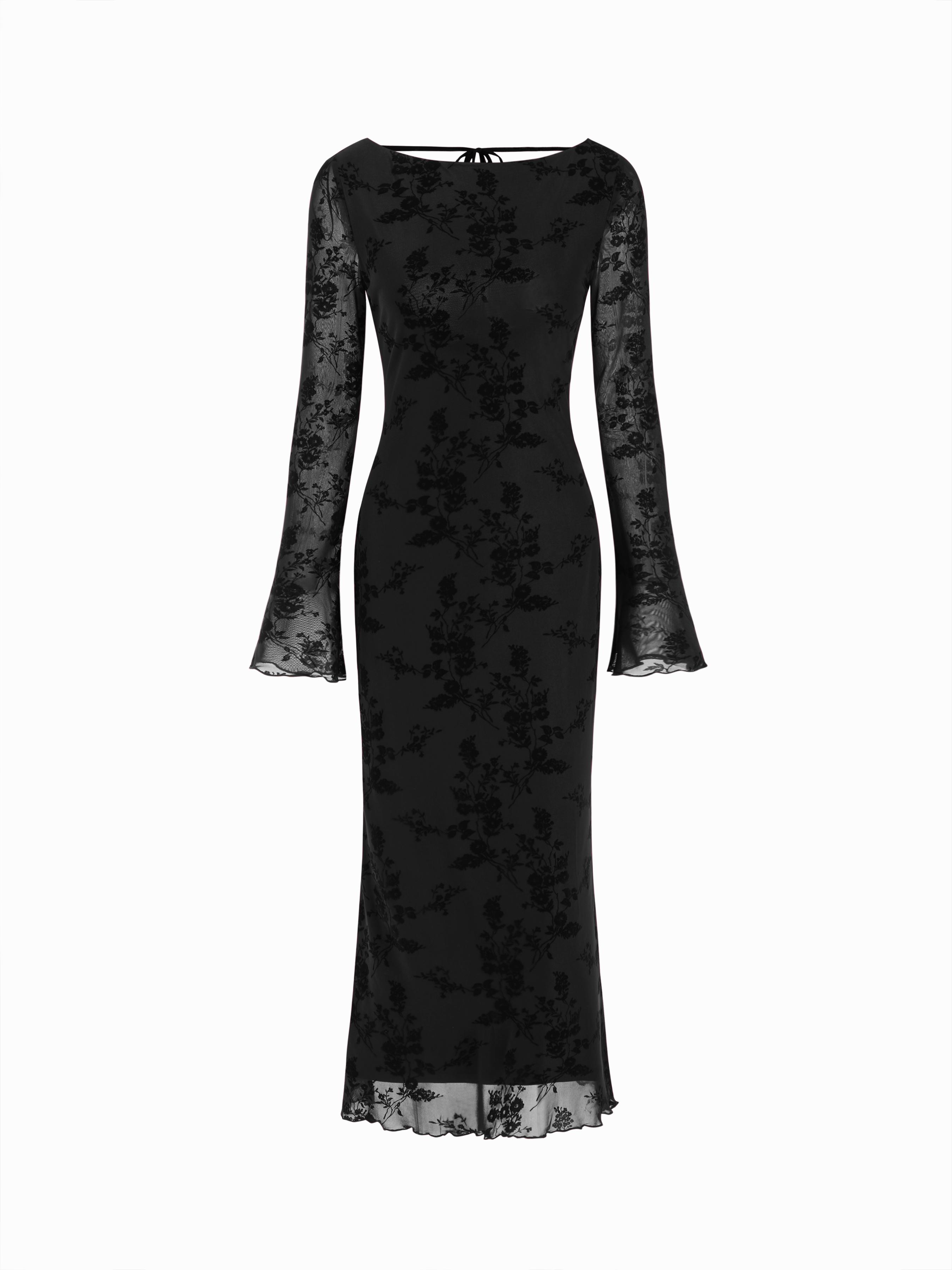 Velvet Boat Neck Floral Lace Backless Tie Back Maxi Dress by CIDER