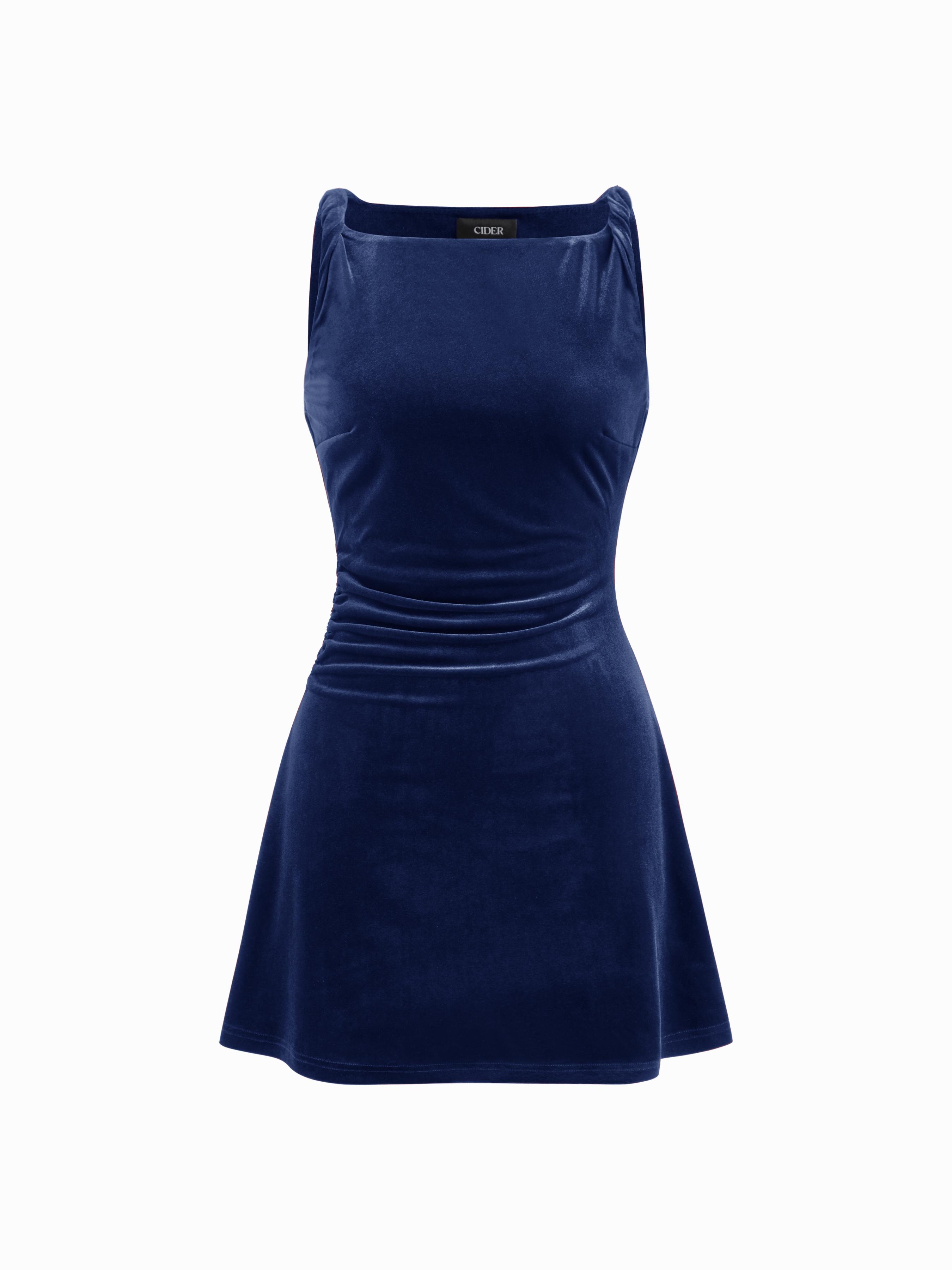 Velvet Boat Neck Ruched Mini Dress by CIDER