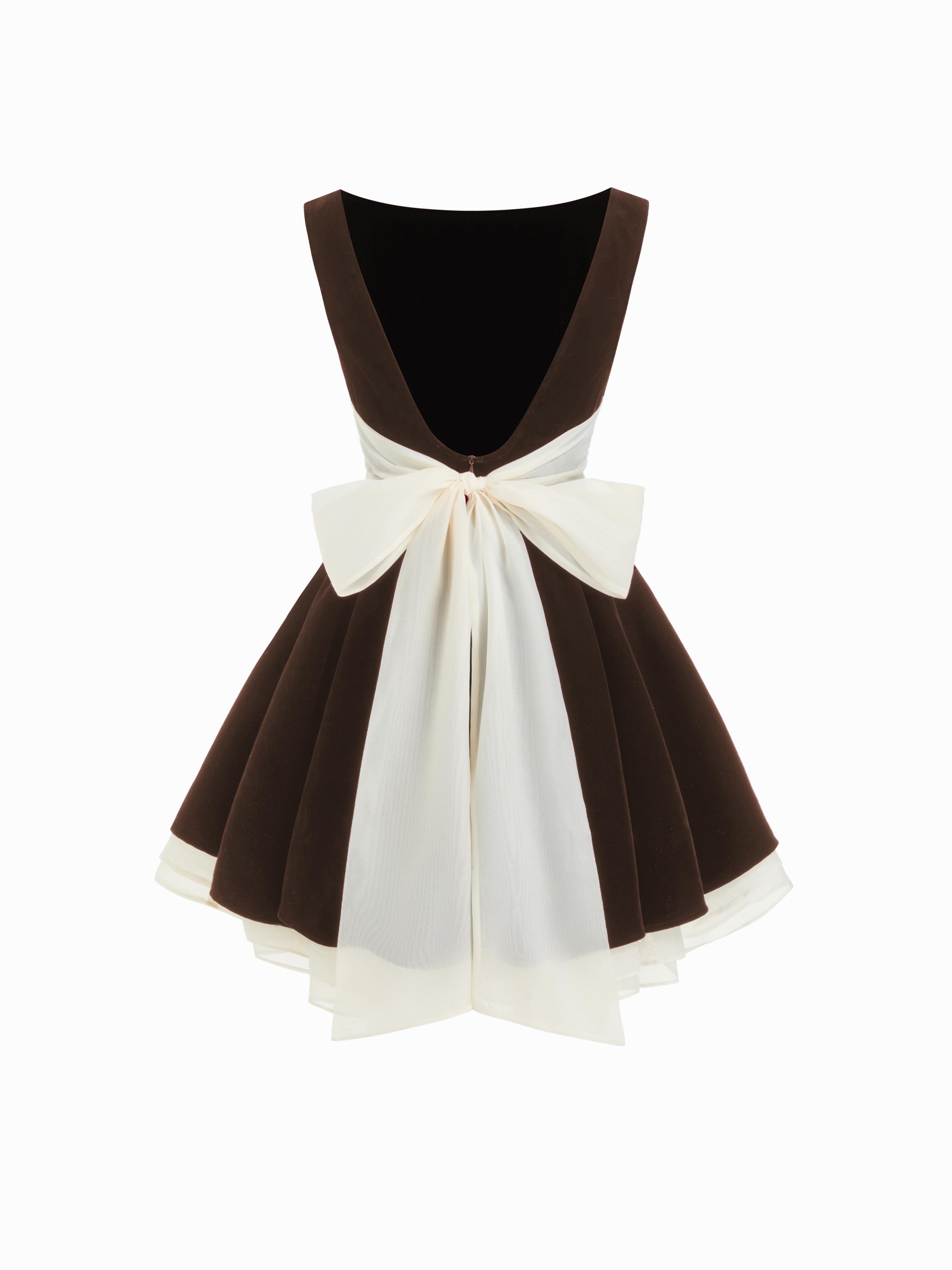 Velvet Boat Neck Ruffle Tie Back Two Tone Patched Backless Mini Babydoll Dress by CIDER