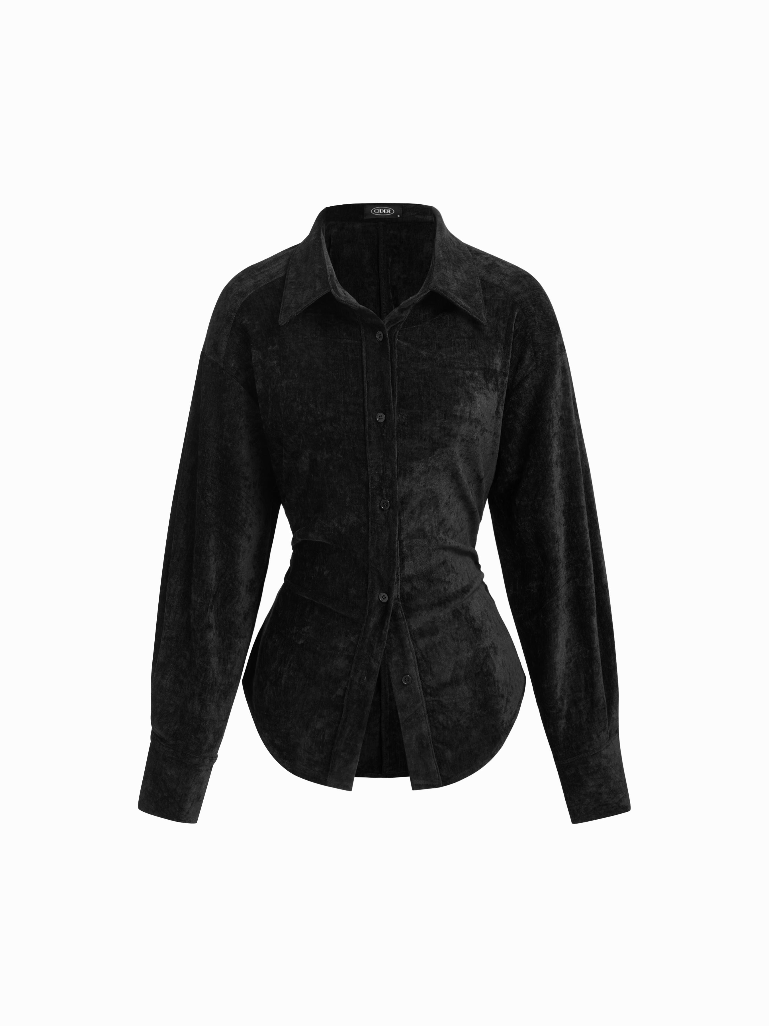 Velvet Collar Long Sleeve Curved Hem Cinched Waist Tie Back Shirt by CIDER