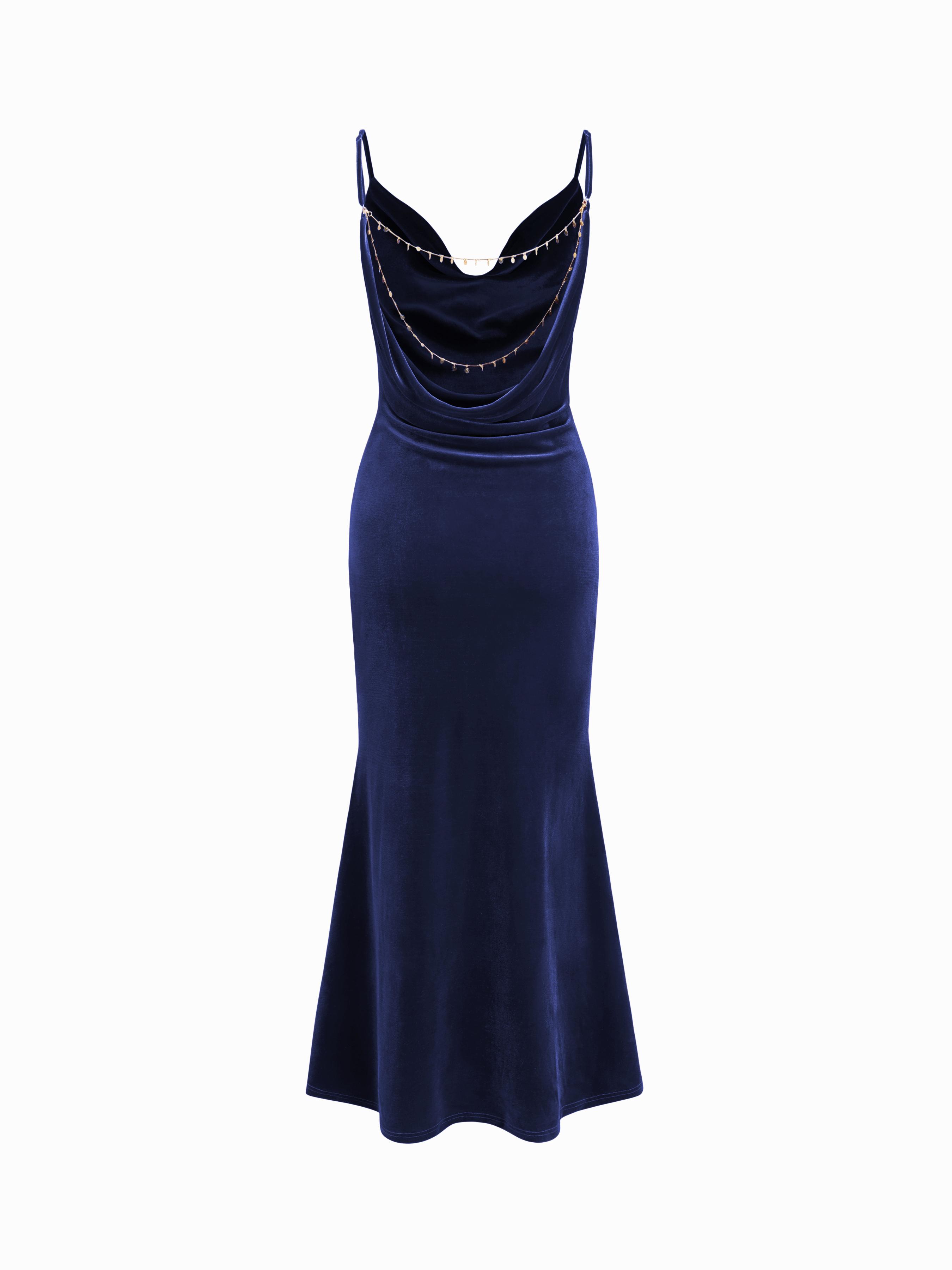 Velvet Cowl Neck Backless Chain Detail Mermaid Maxi Dress by CIDER