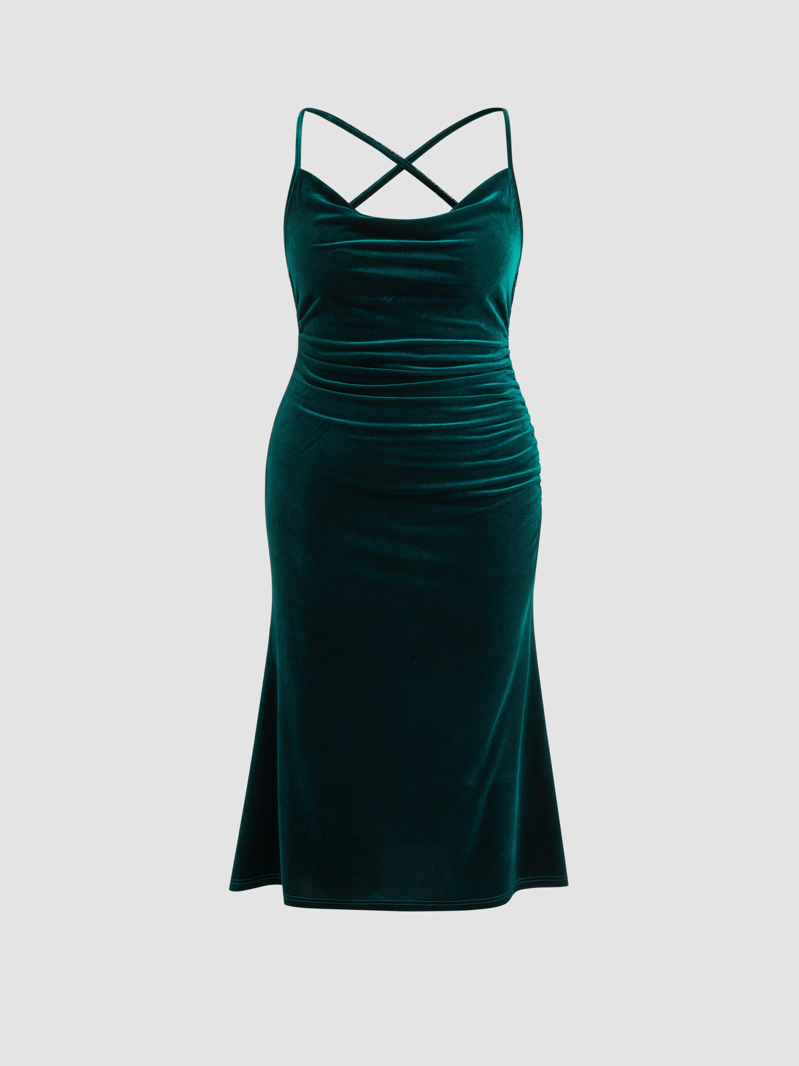 Velvet Cowl Neck Ruched Backless Maxi Dress Curve & Plus by CIDER