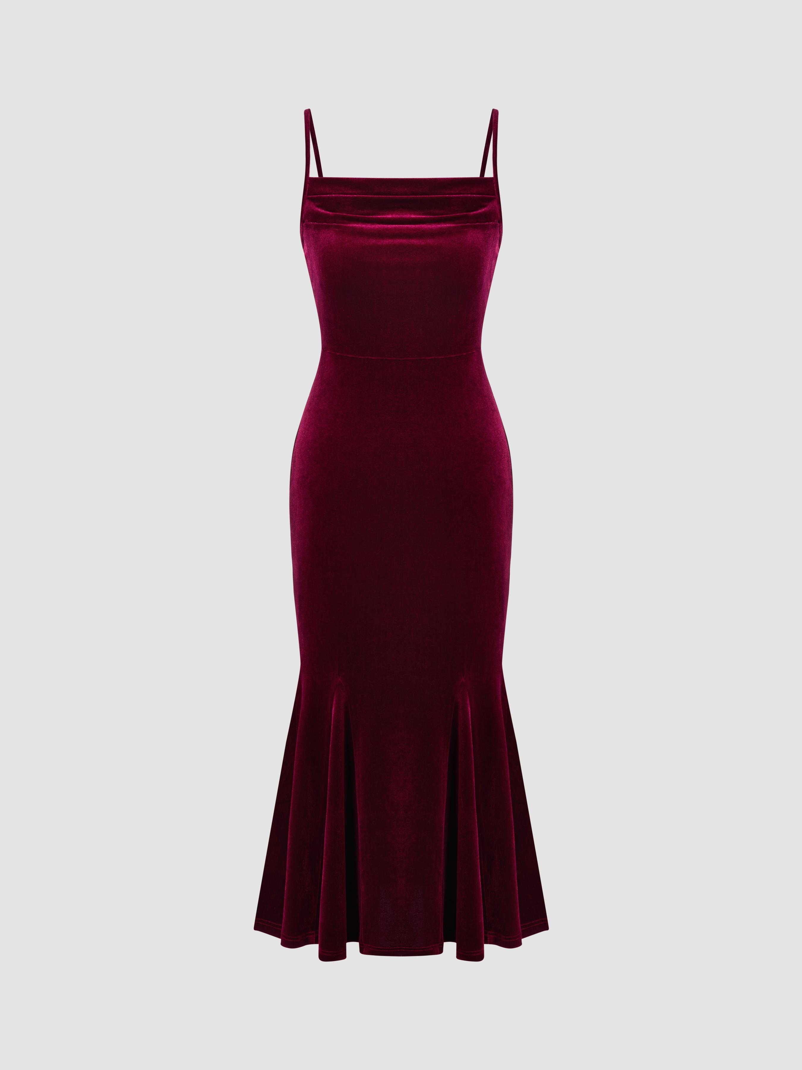 Velvet Cowl Neck Ruffle Mermaid Maxi Dress by CIDER