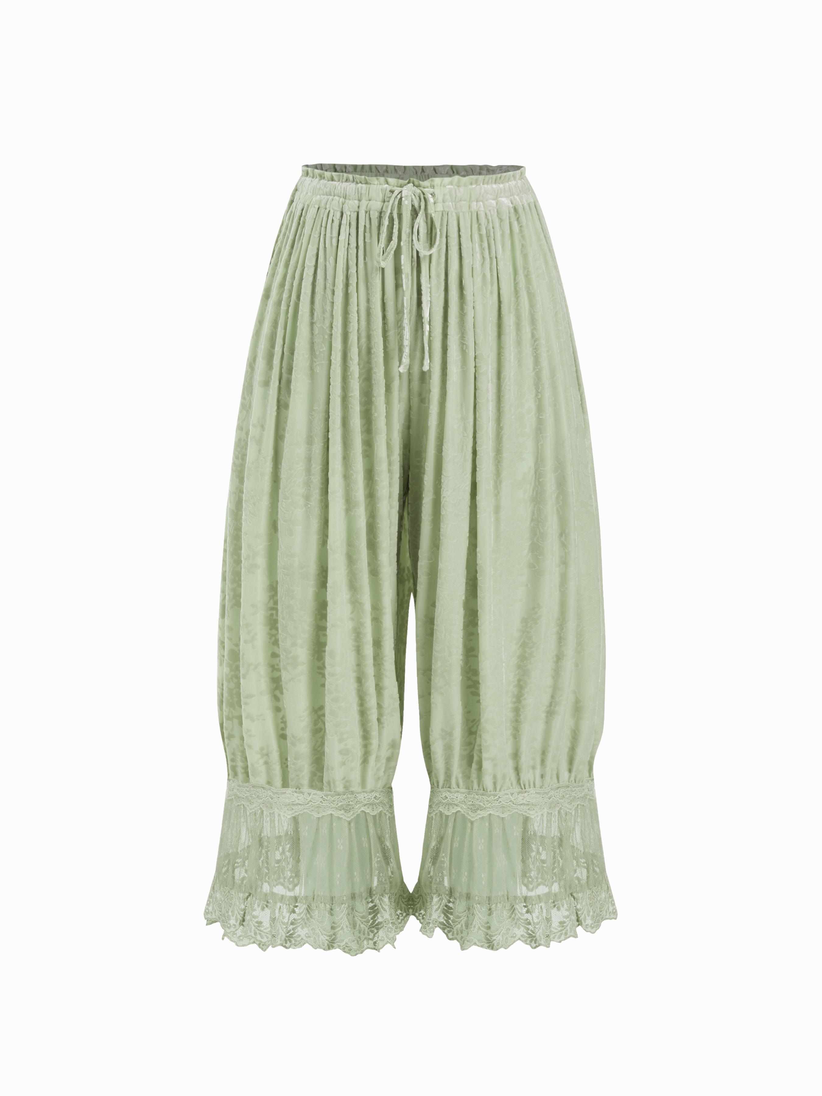 Velvet Floral Lace Trim Drawstring Cropped Bloomer Pants by CIDER