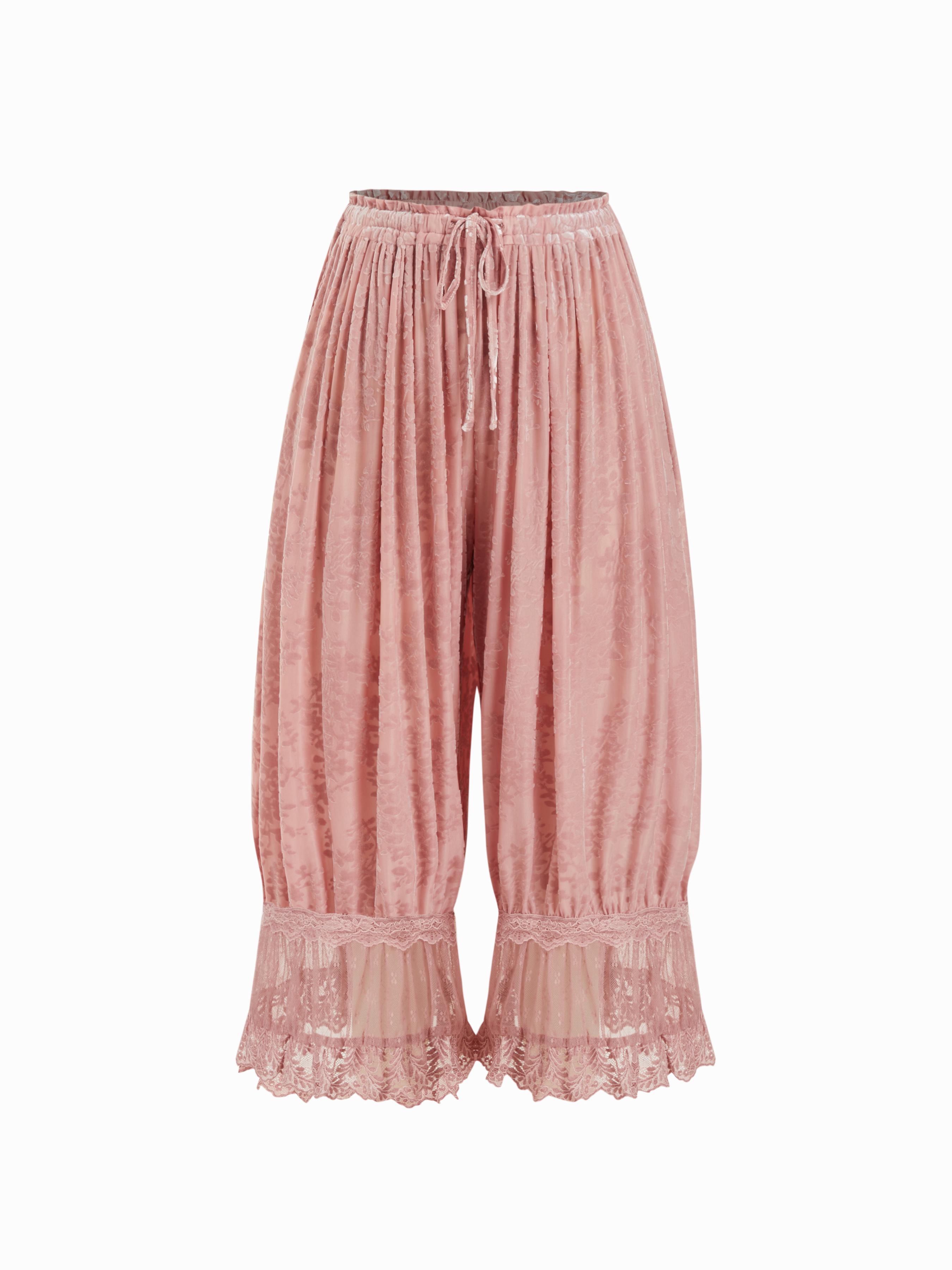 Velvet Floral Lace Trim Drawstring Cropped Bloomer Pants by CIDER