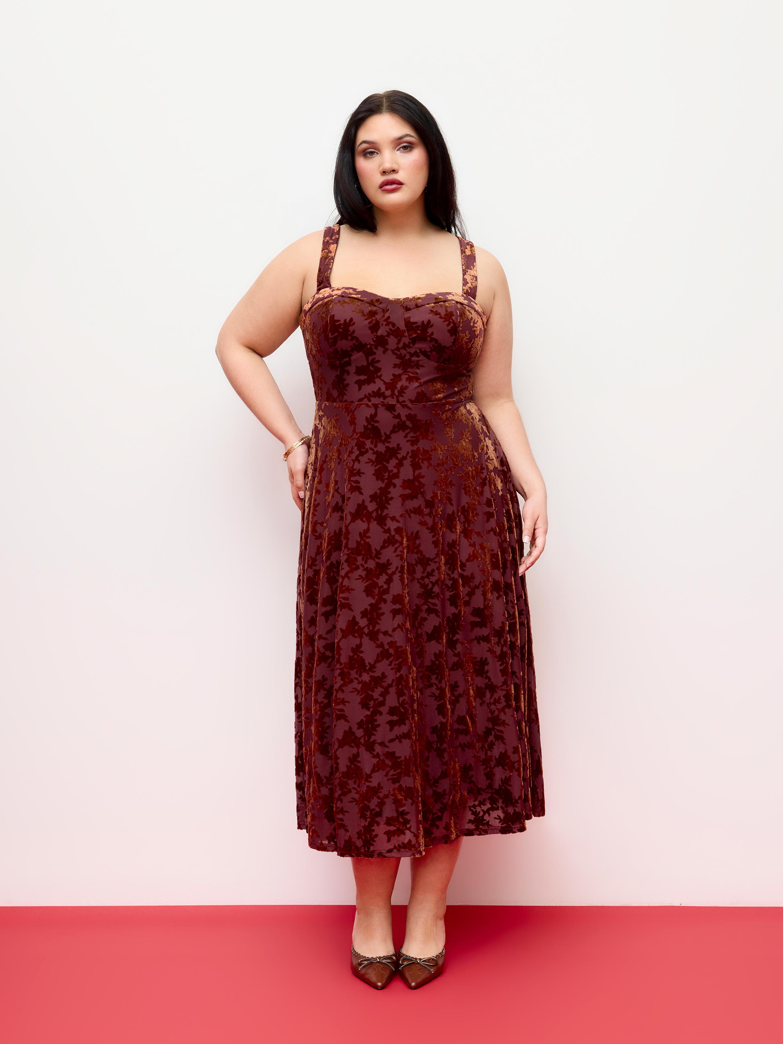 Velvet Floral Square Neck Flared Maxi Dress Curve & Plus by CIDER