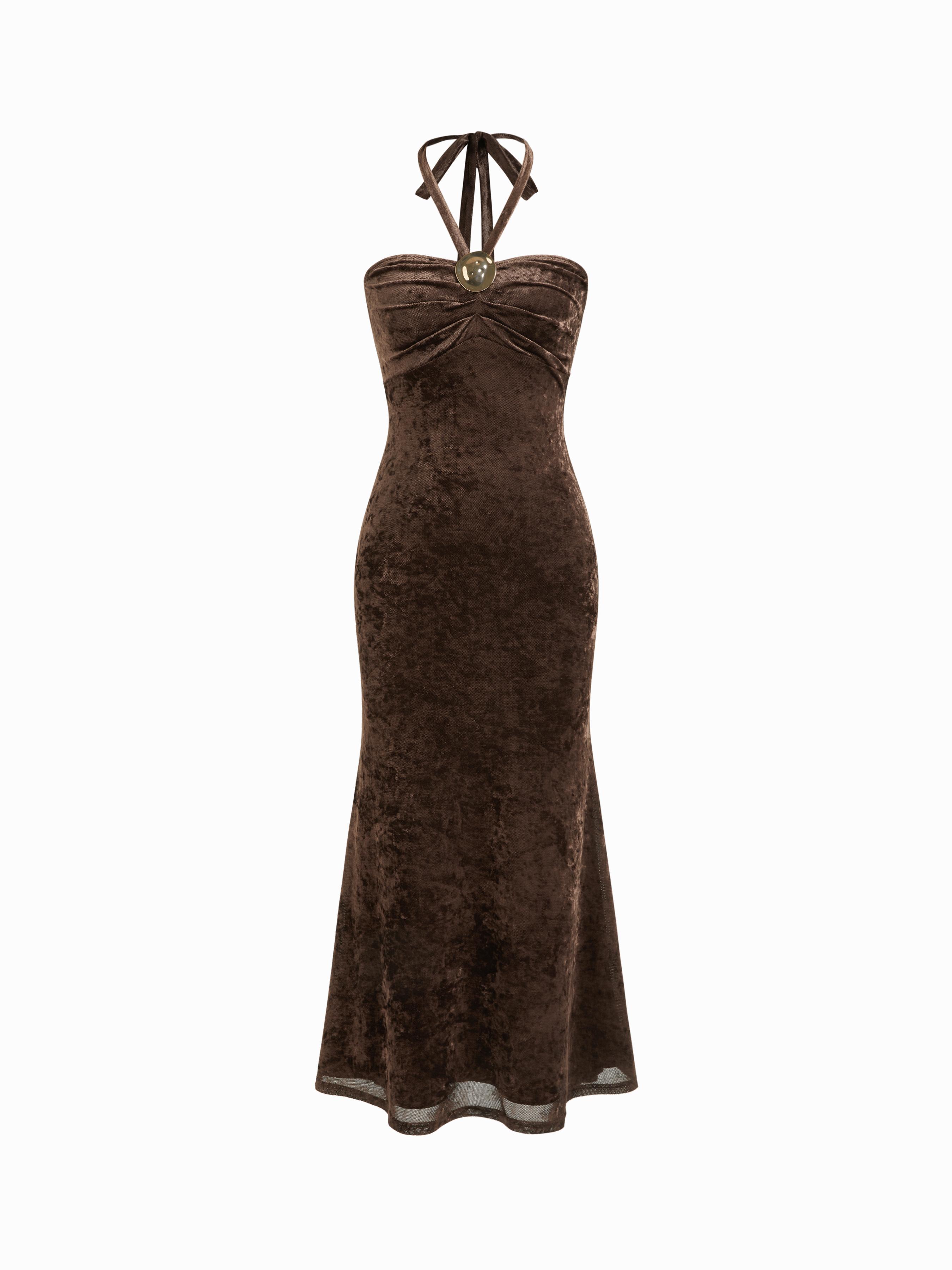 Velvet Halter Neckline Metal Detail Maxi Dress by CIDER