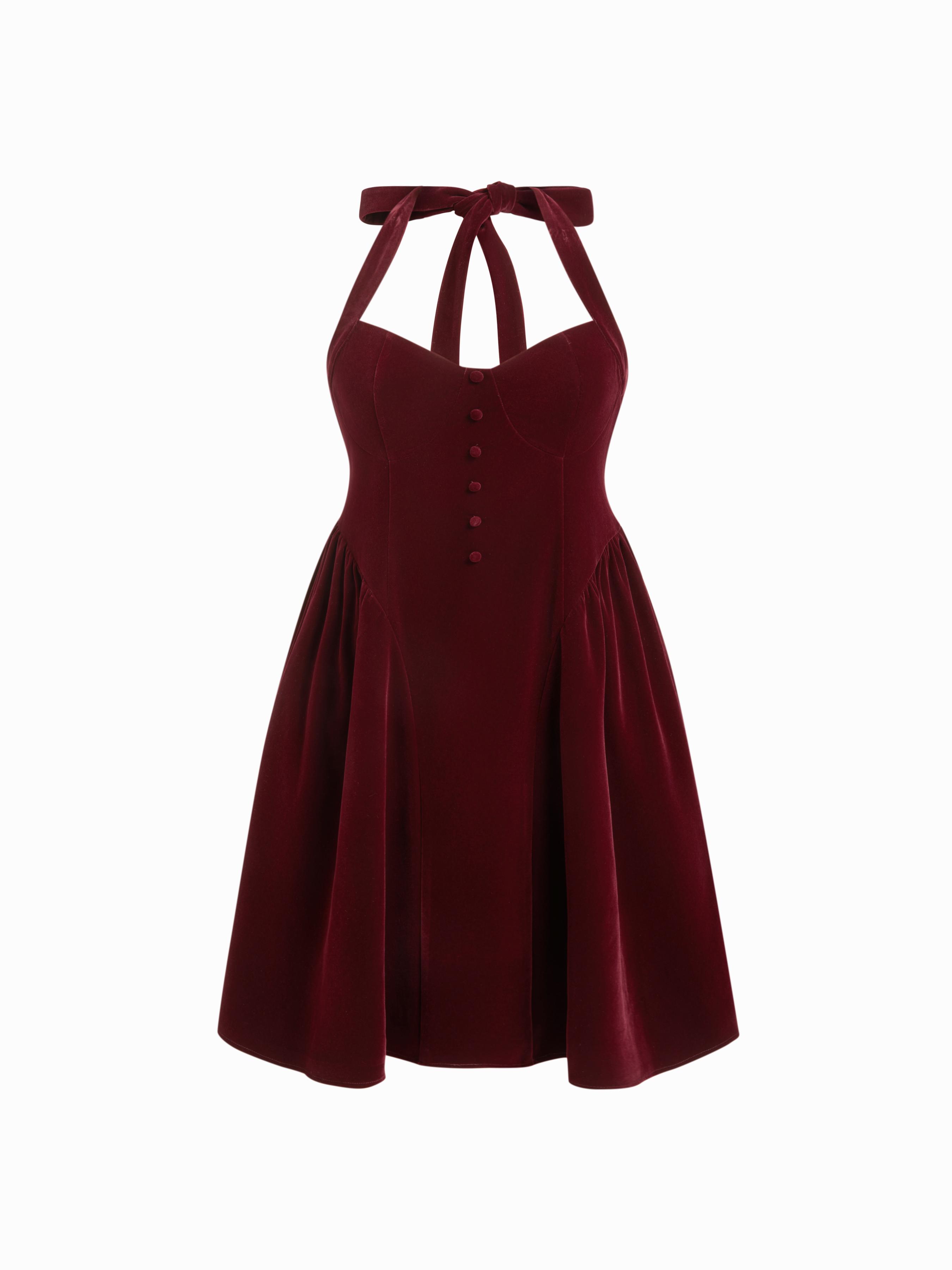 Velvet Halter Neckline Ruffle Knotted Midi Dress Curve & Plus by CIDER