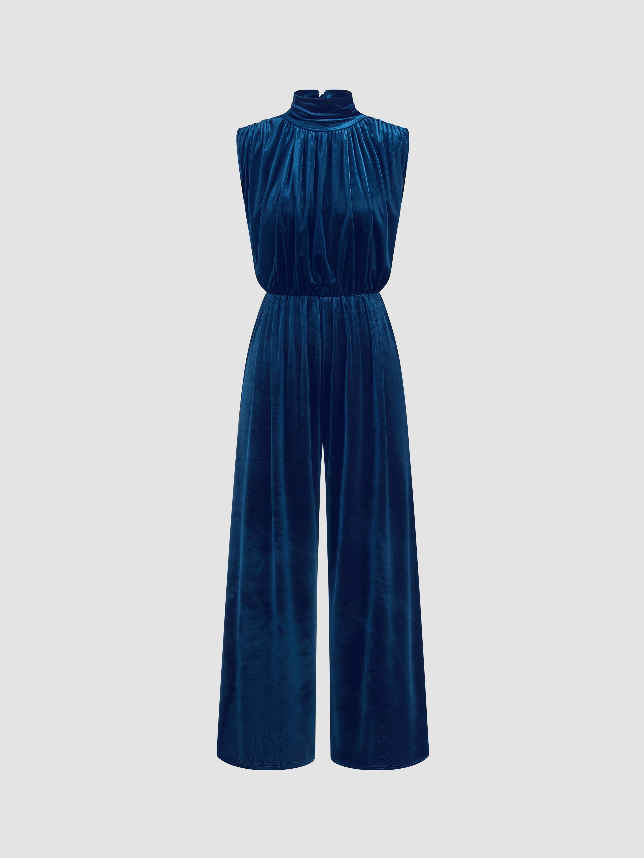 Velvet High Neck Ruched Zipper Wide Leg Jumpsuit by CIDER