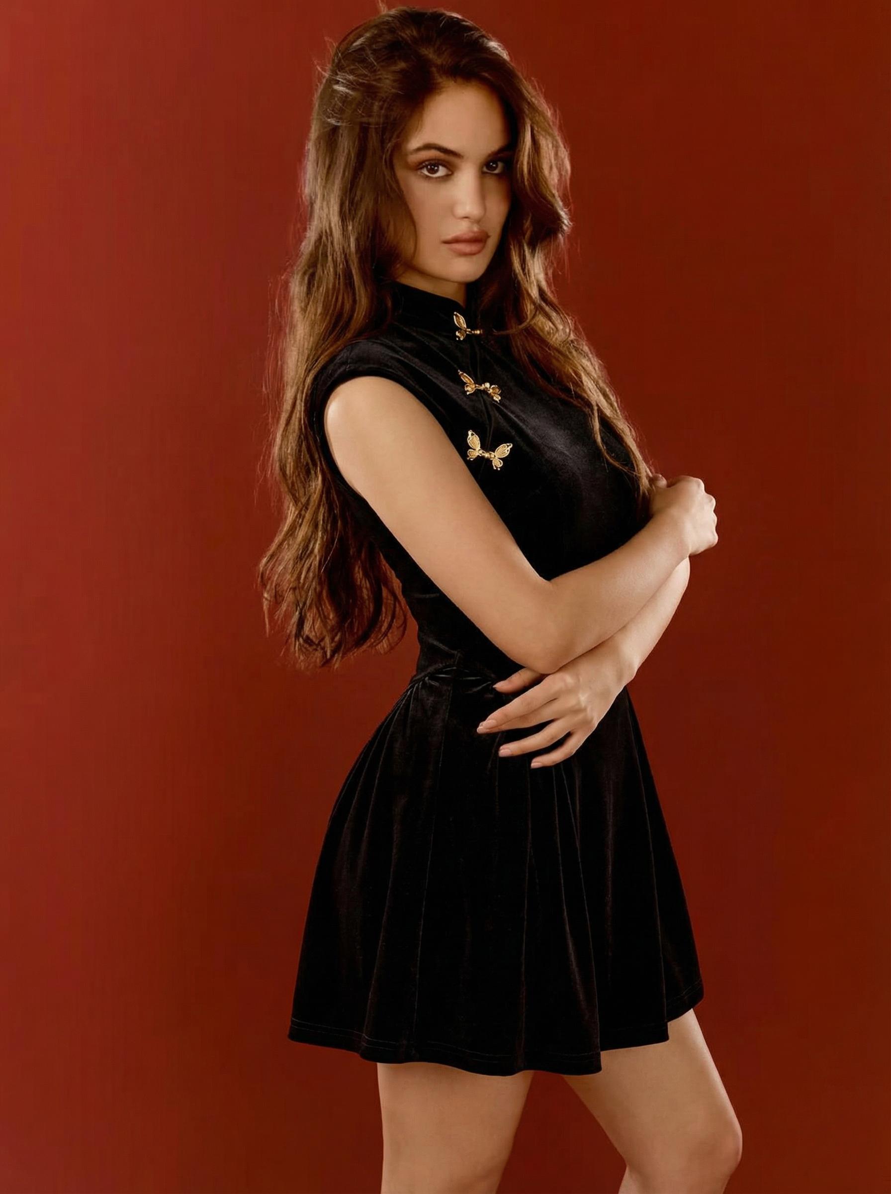 Velvet Mandarin Collar Metal Detail Mini Dress by undefined Velvet Mandarin Collar Metal Detail Mini Dress by undefined