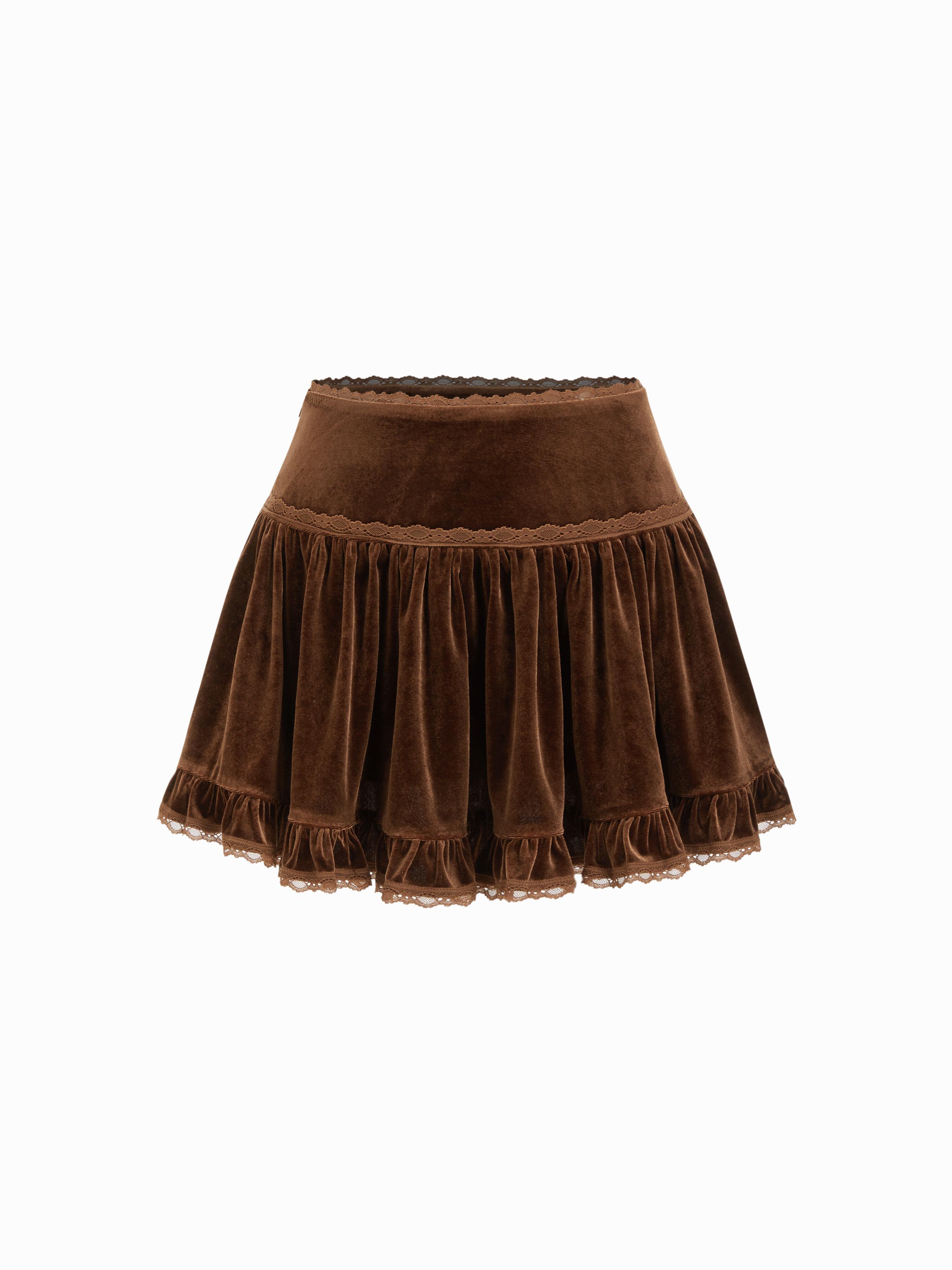 Velvet Mid Rise Lace Trim Flared Mini Skort by CIDER