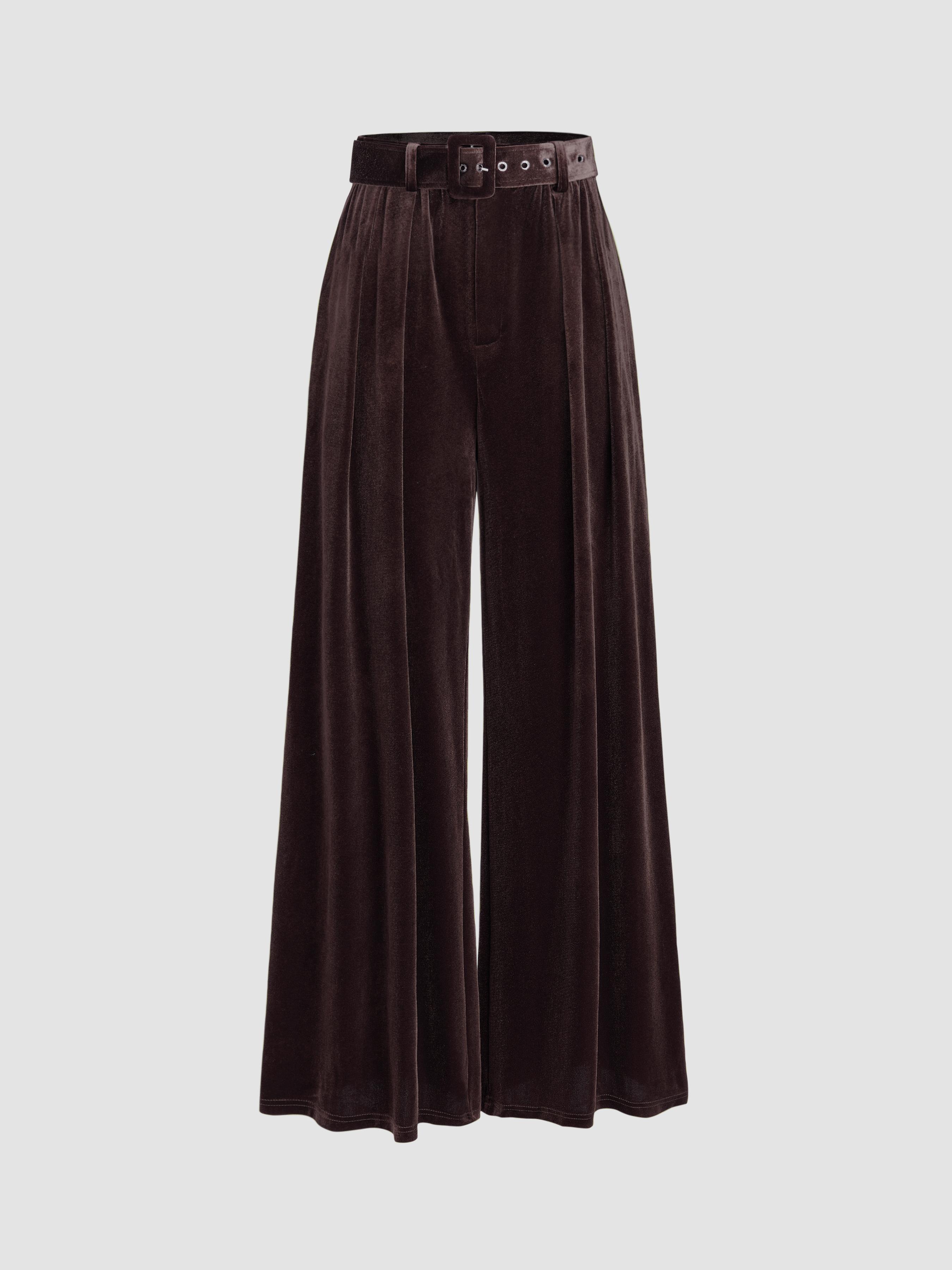 Velvet Mid Waist Pocket Wide Leg Trousers With Belt by CIDER