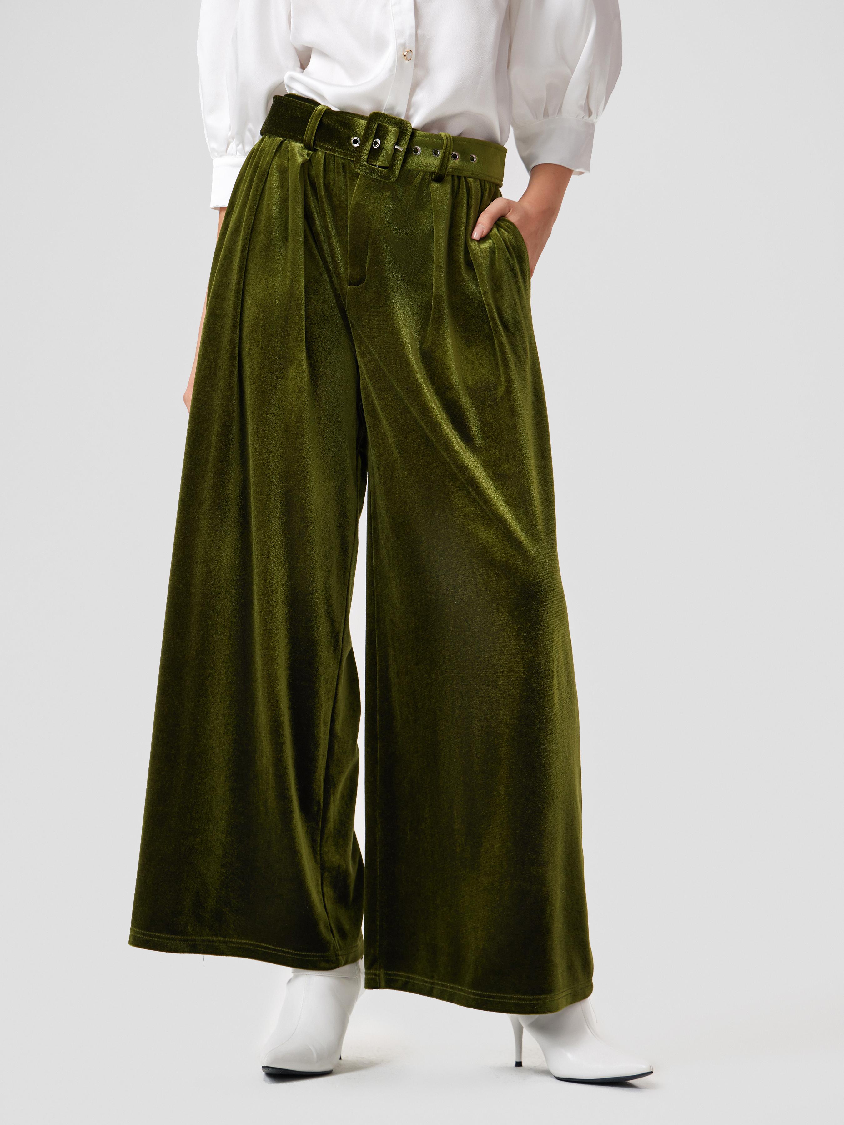 Velvet Mid Waist Pocket Wide Leg Trousers With Belt by CIDER