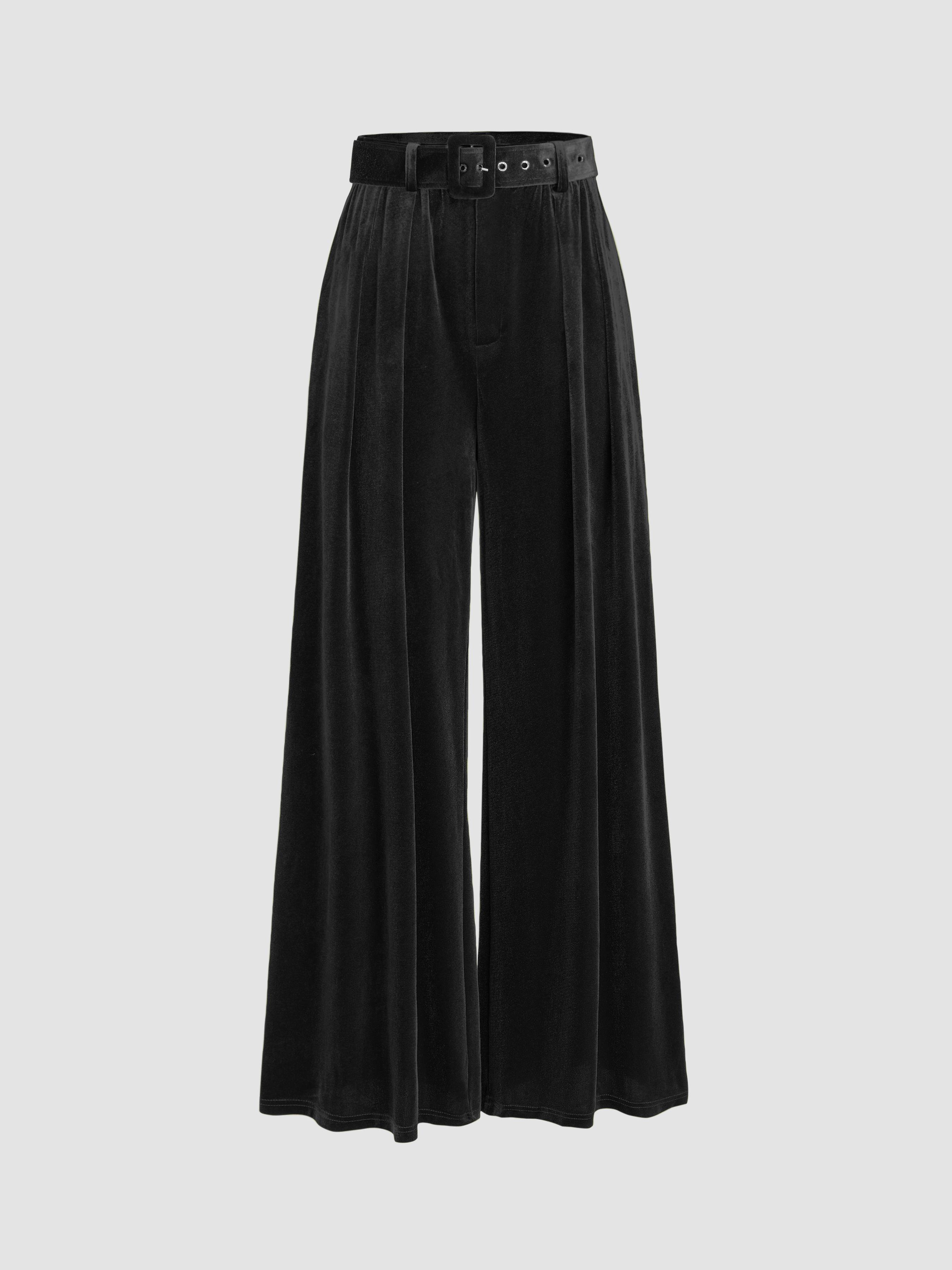 Velvet Mid Waist Pocket Wide Leg Trousers With Belt by CIDER