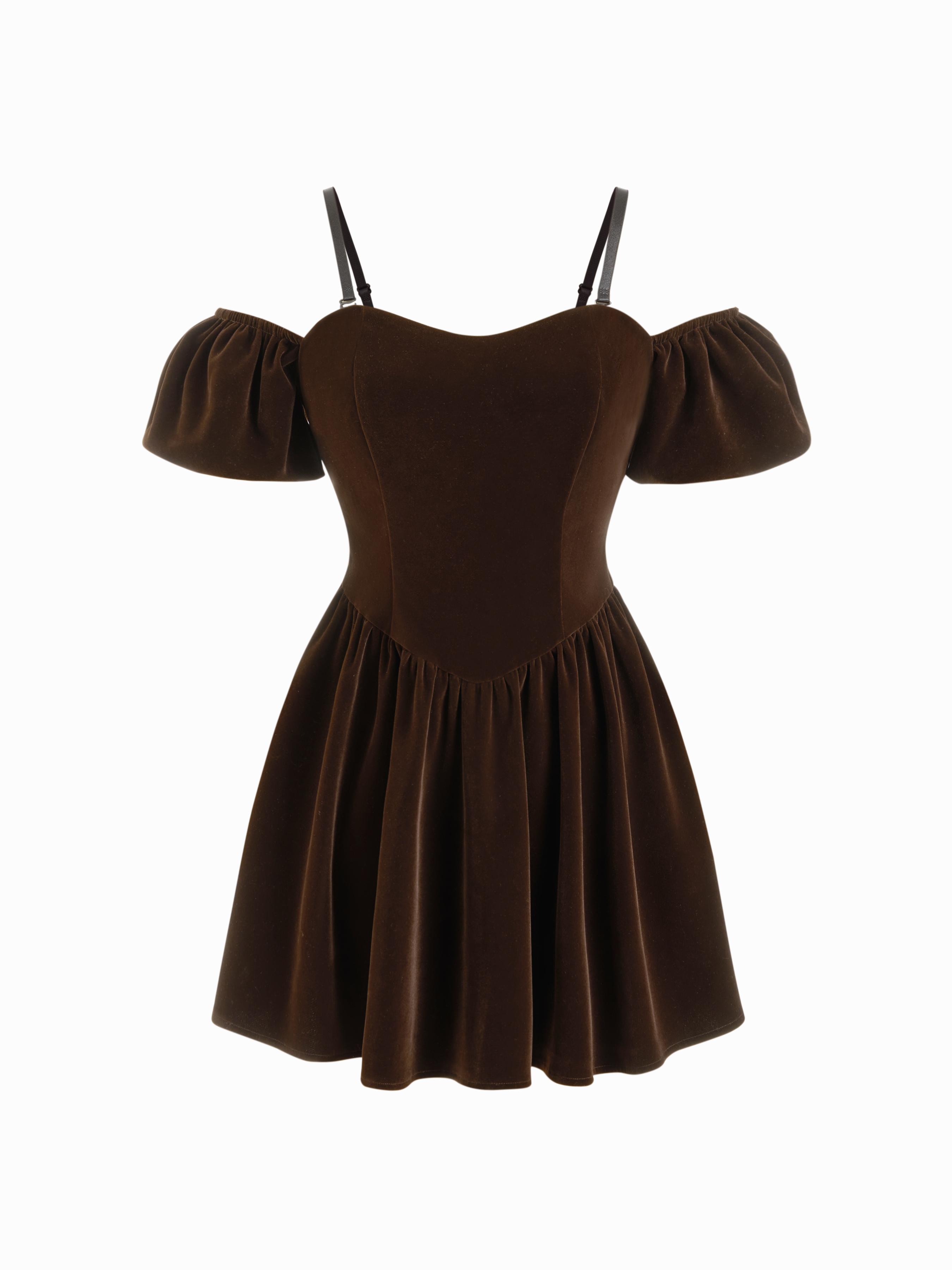 Velvet Off-shoulder Puff Sleeve Lace Up Mini Dress by CIDER