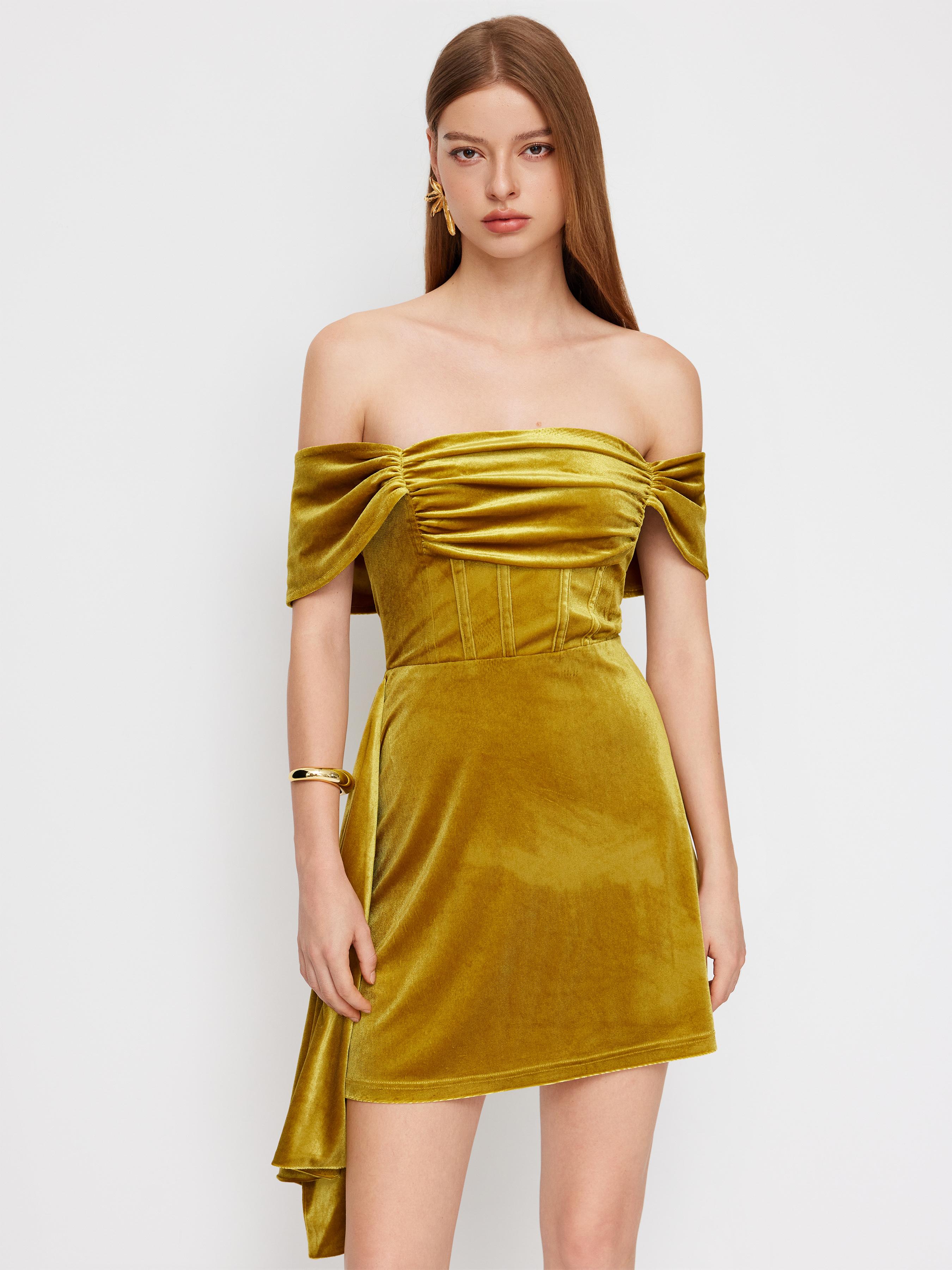 Velvet Off-shoulder Ruched Corset Ruffle Hem Mini Dress by CIDER