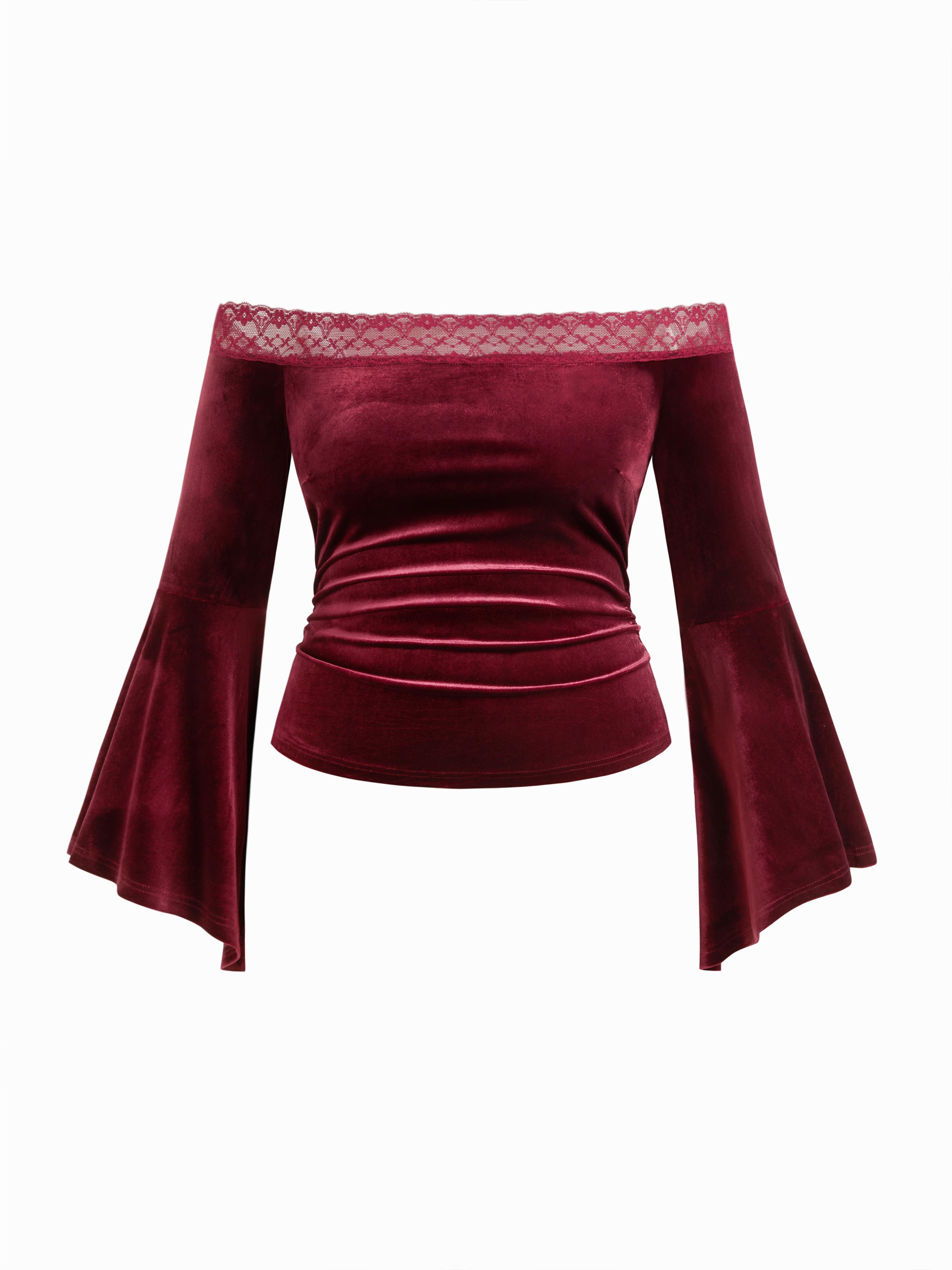 Velvet Off-shoulder Ruched Lace Bell Sleeve Top Curve & Plus by CIDER