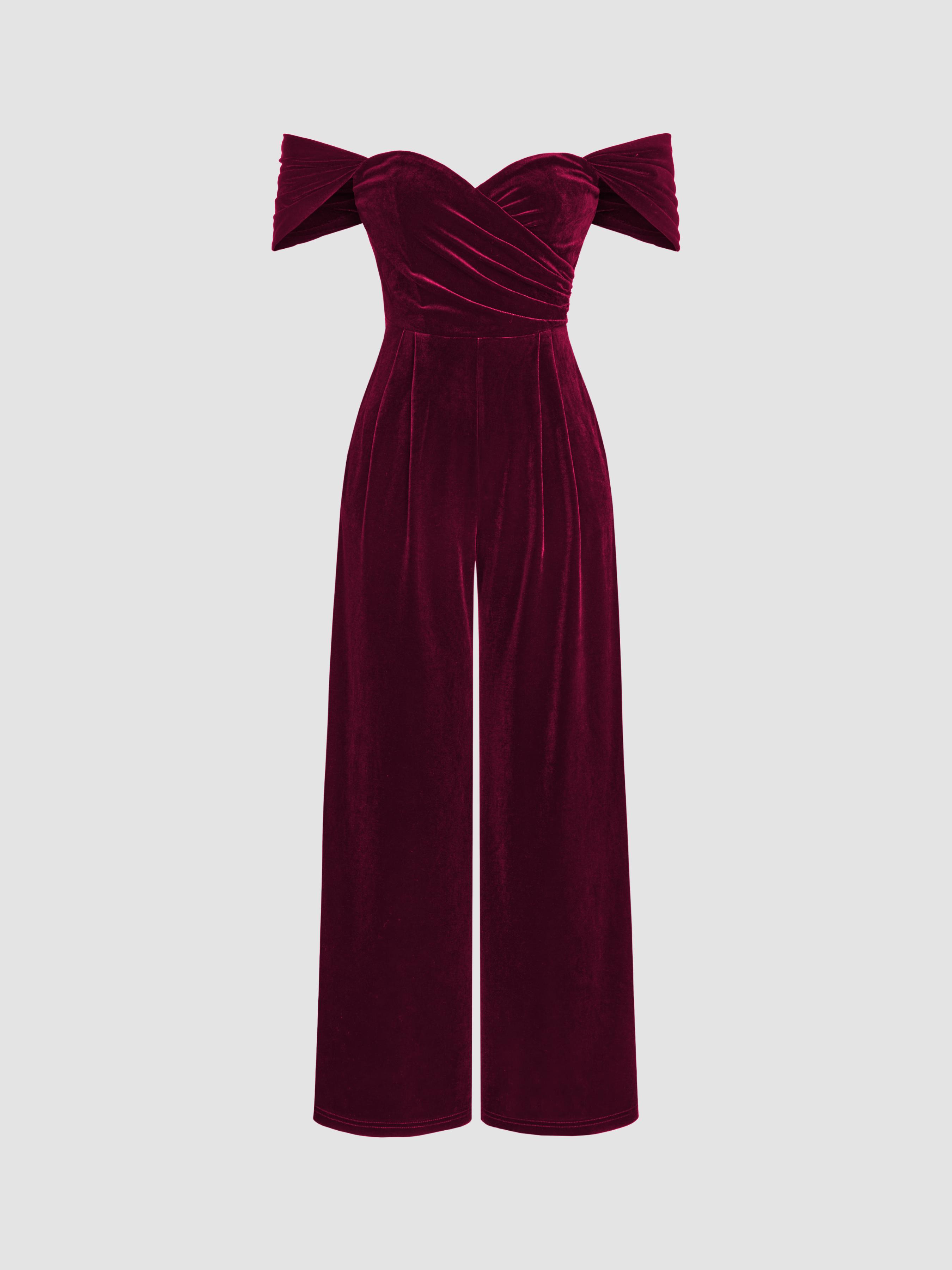 Velvet Off-shoulder Solid Ruched Jumpsuit by CIDER
