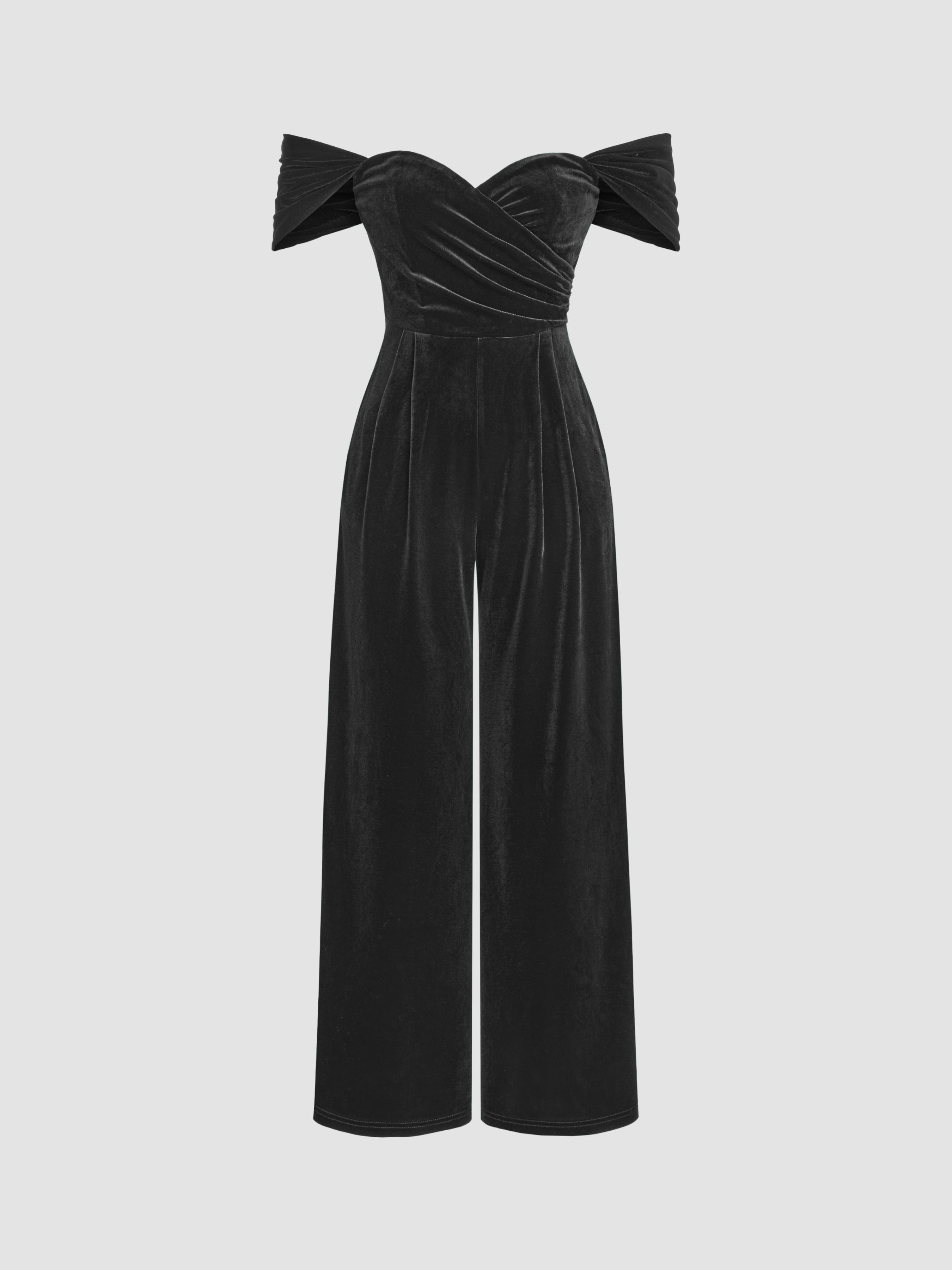 Velvet Off-shoulder Solid Ruched Jumpsuit by CIDER