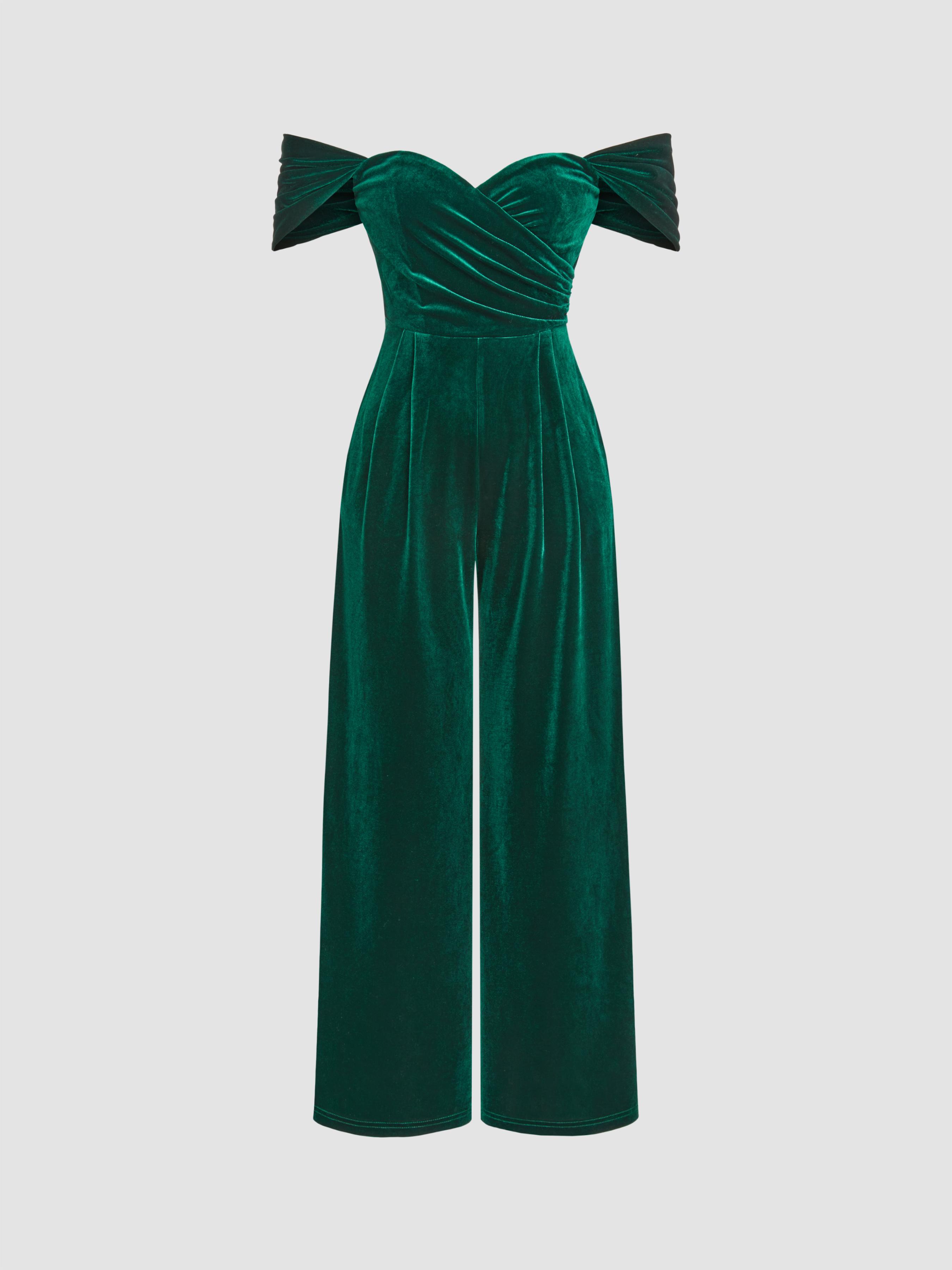Velvet Off-shoulder Solid Ruched Jumpsuit by CIDER