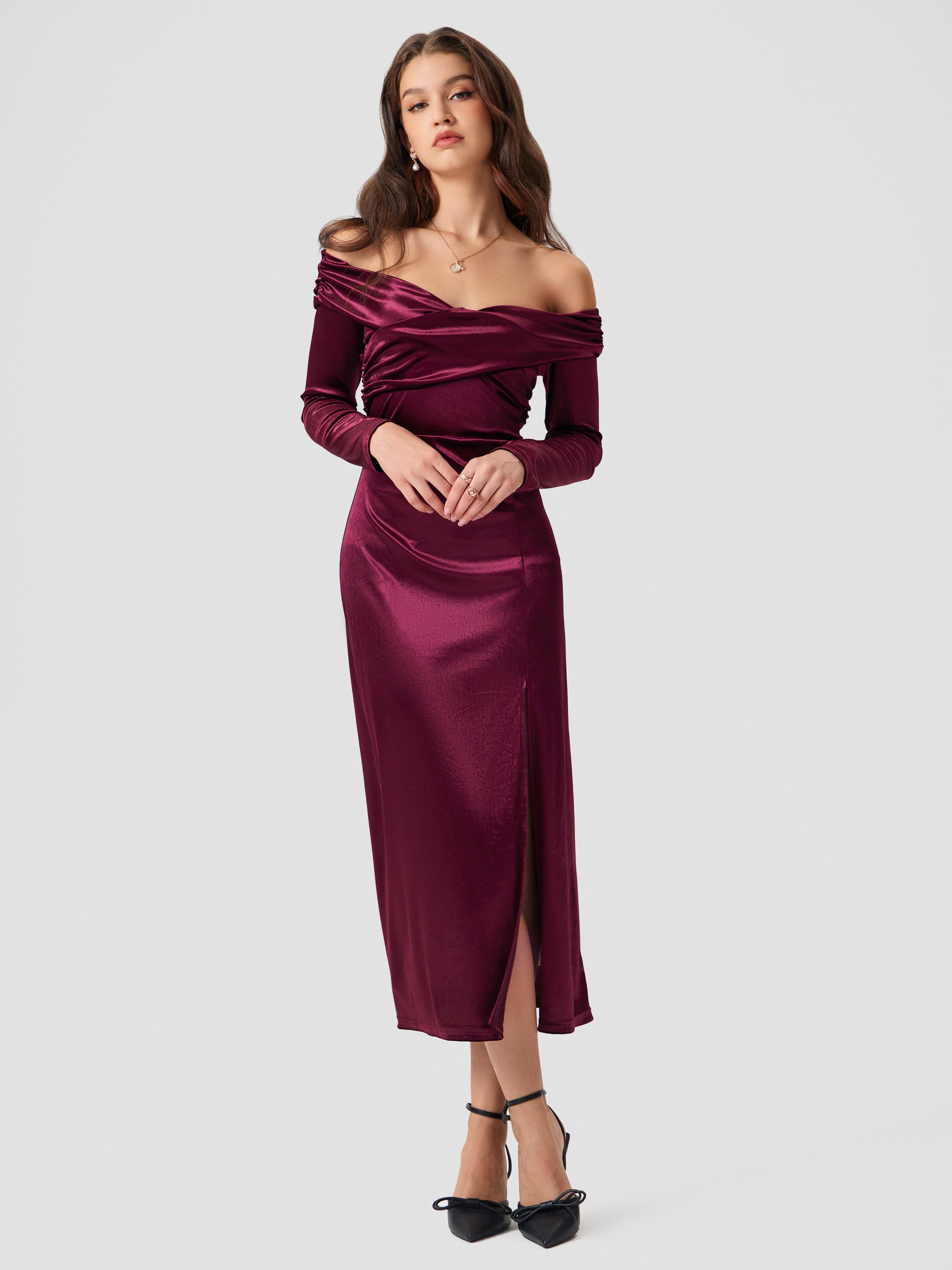 Velvet Off-shoulder Solid Split Maxi Dress by CIDER