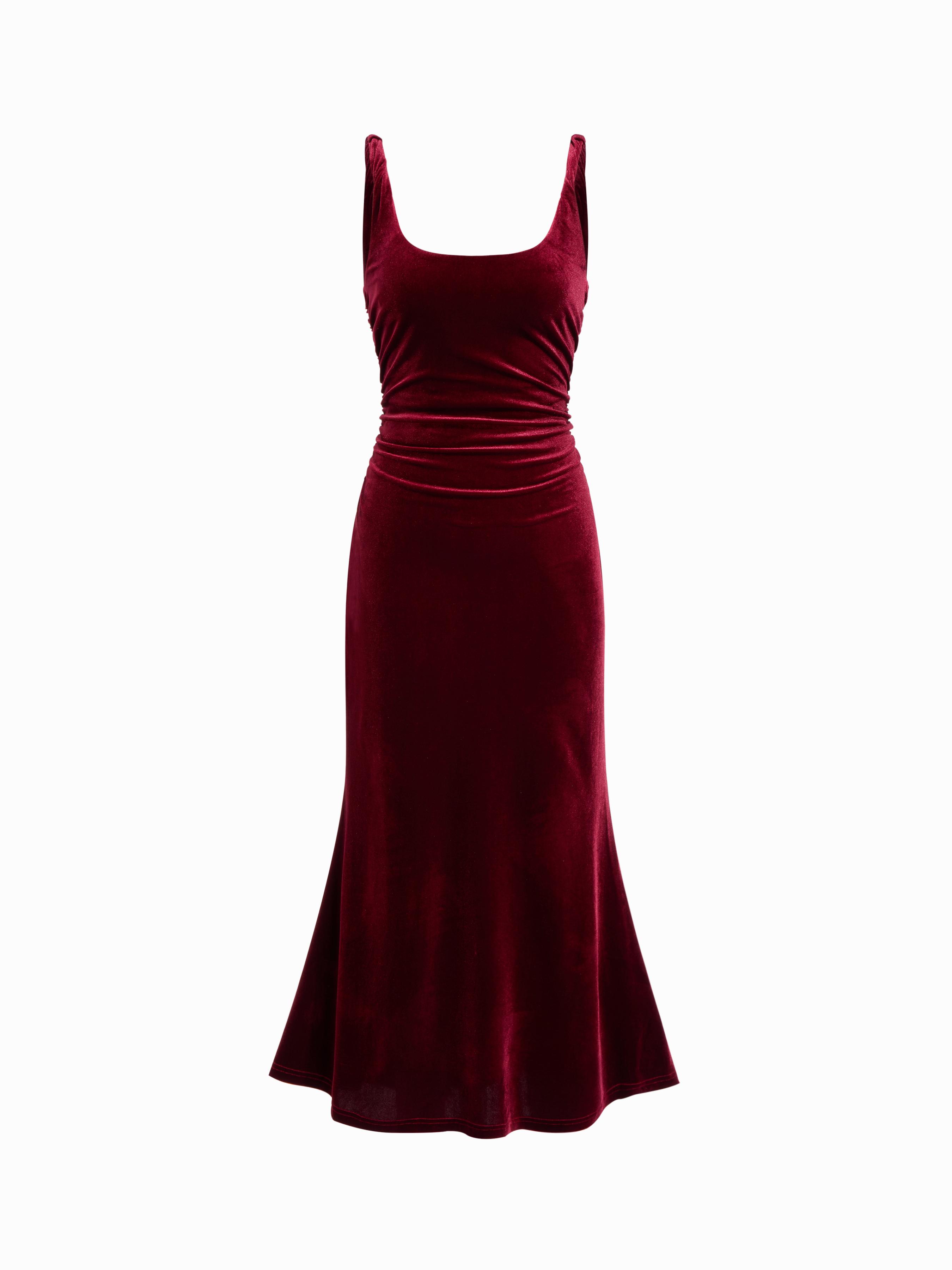 Velvet Scoop Neckline Ruched Maxi Dress by CIDER