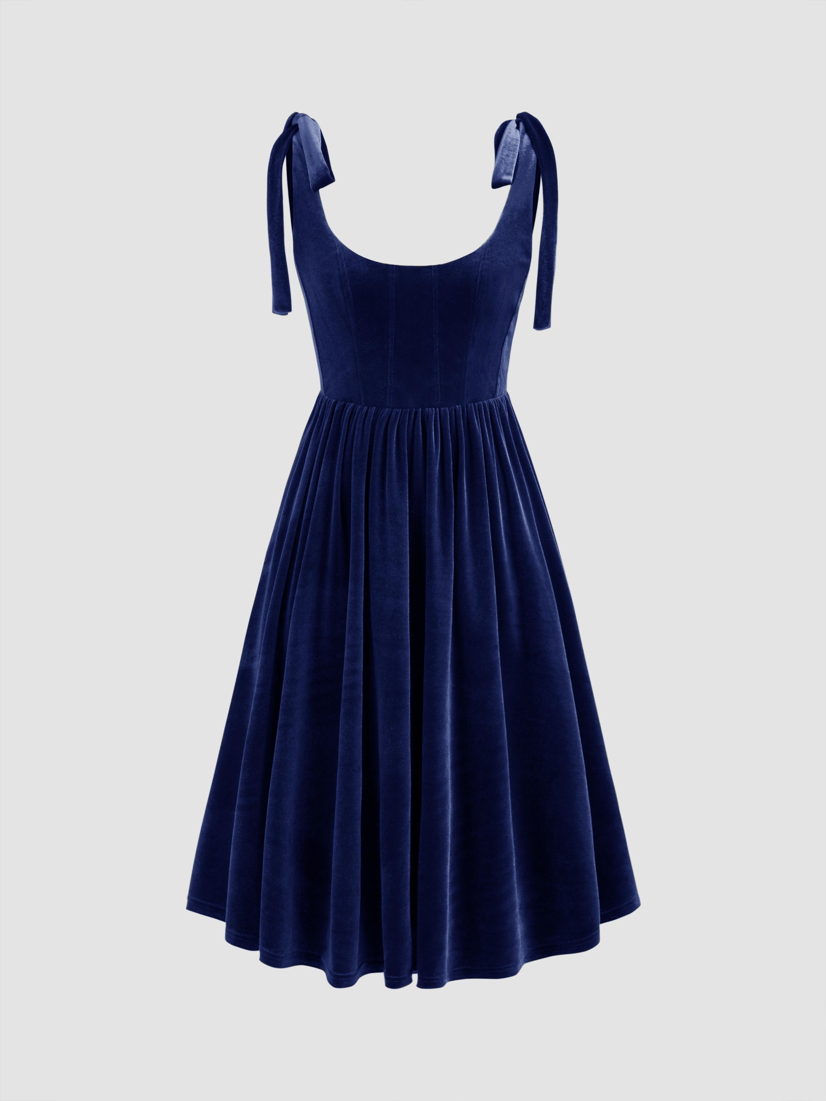 Velvet Scoop Neckline Solid Knotted Midi Dress by CIDER