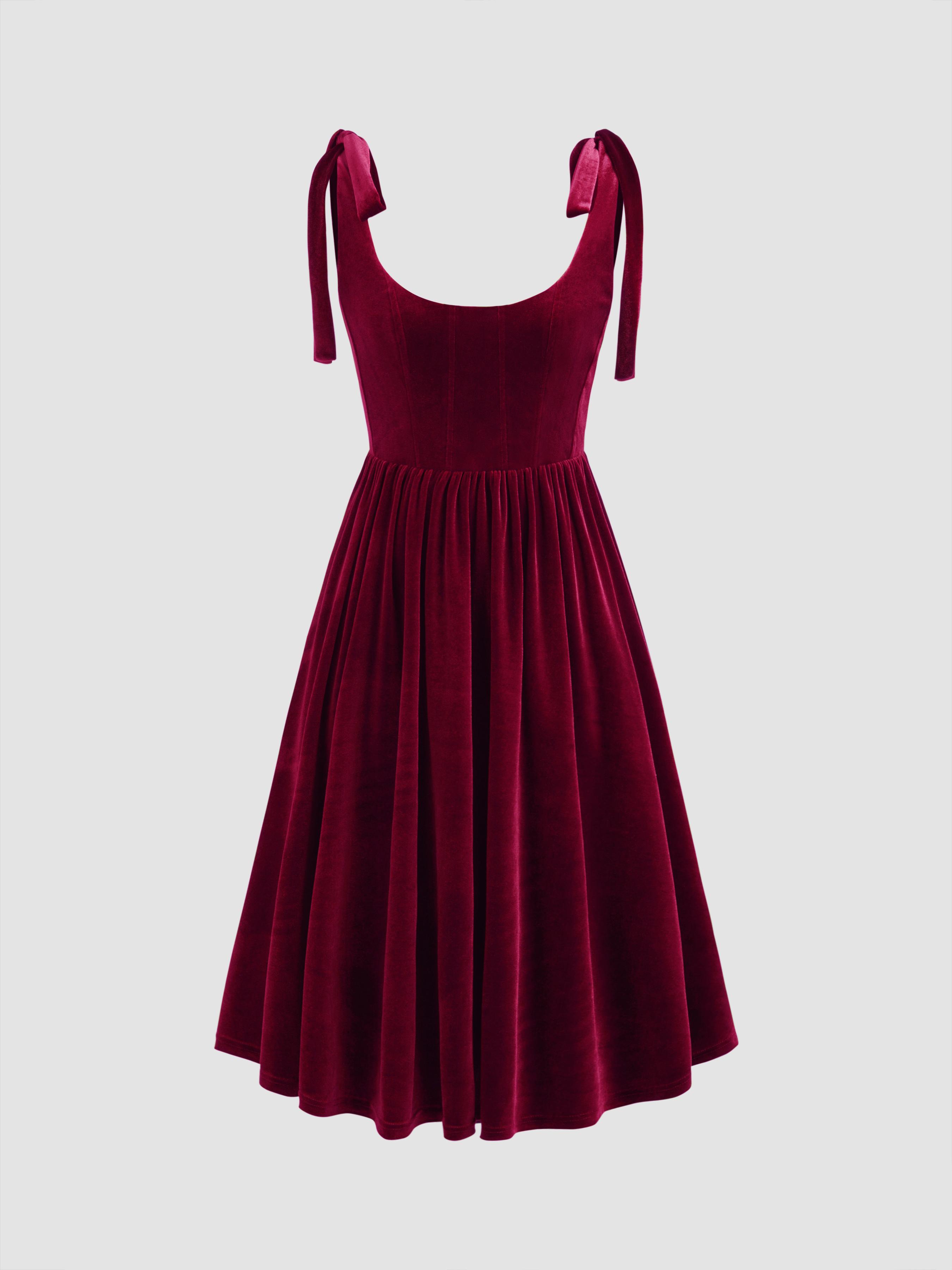 Velvet Scoop Neckline Solid Knotted Midi Dress by CIDER
