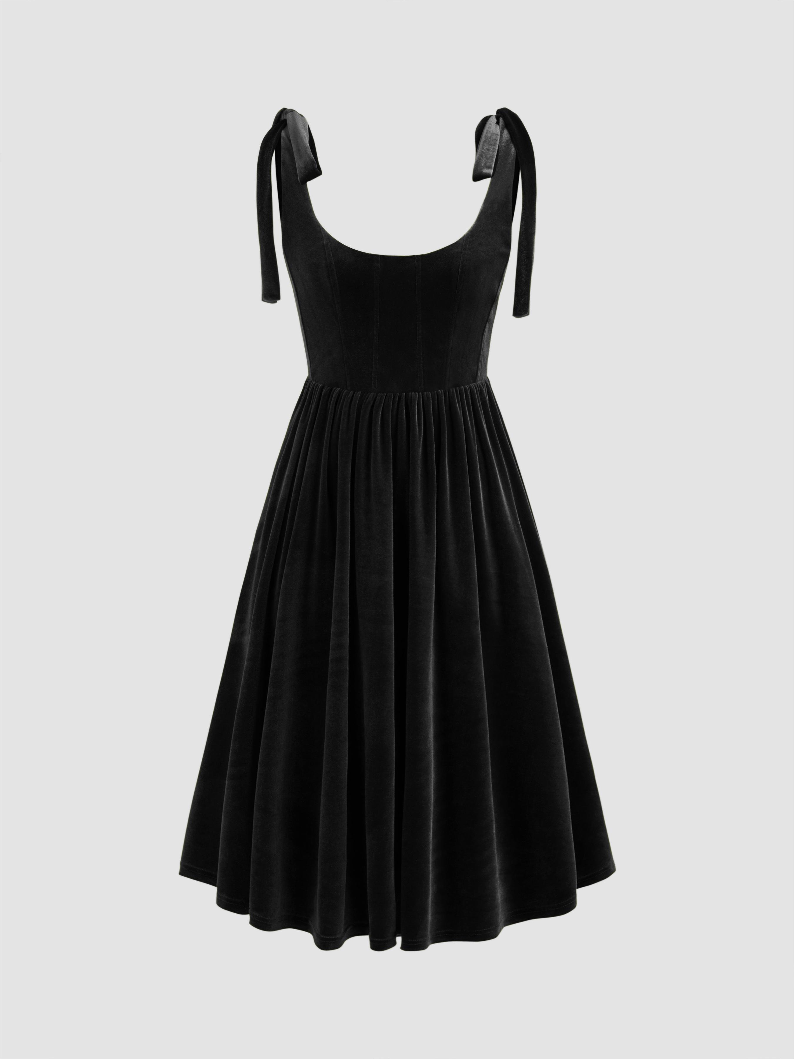 Velvet Scoop Neckline Solid Knotted Midi Dress by CIDER