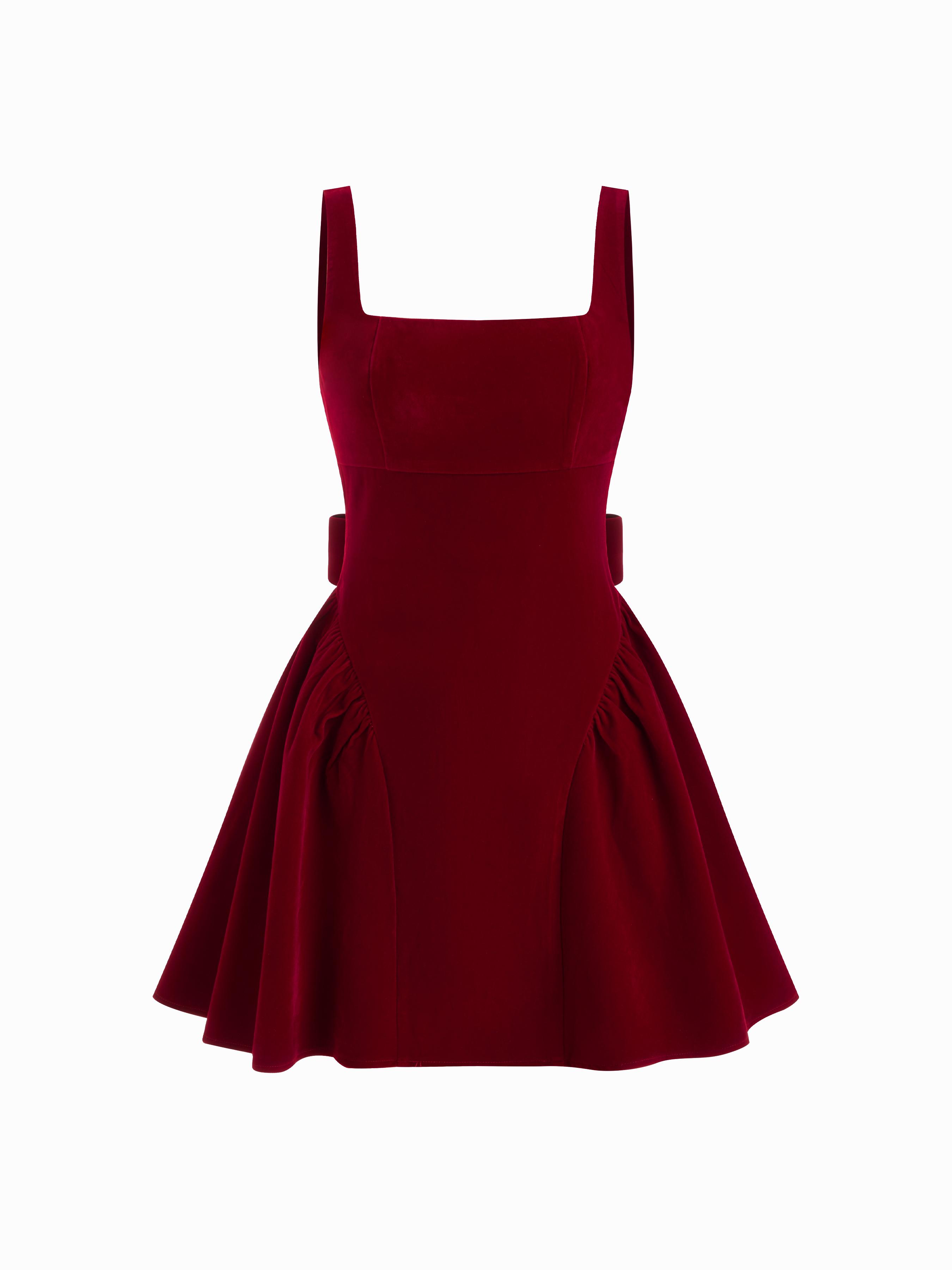 Velvet Square Neck Bowknot Tie Back Ruffle Mini Dress by CIDER
