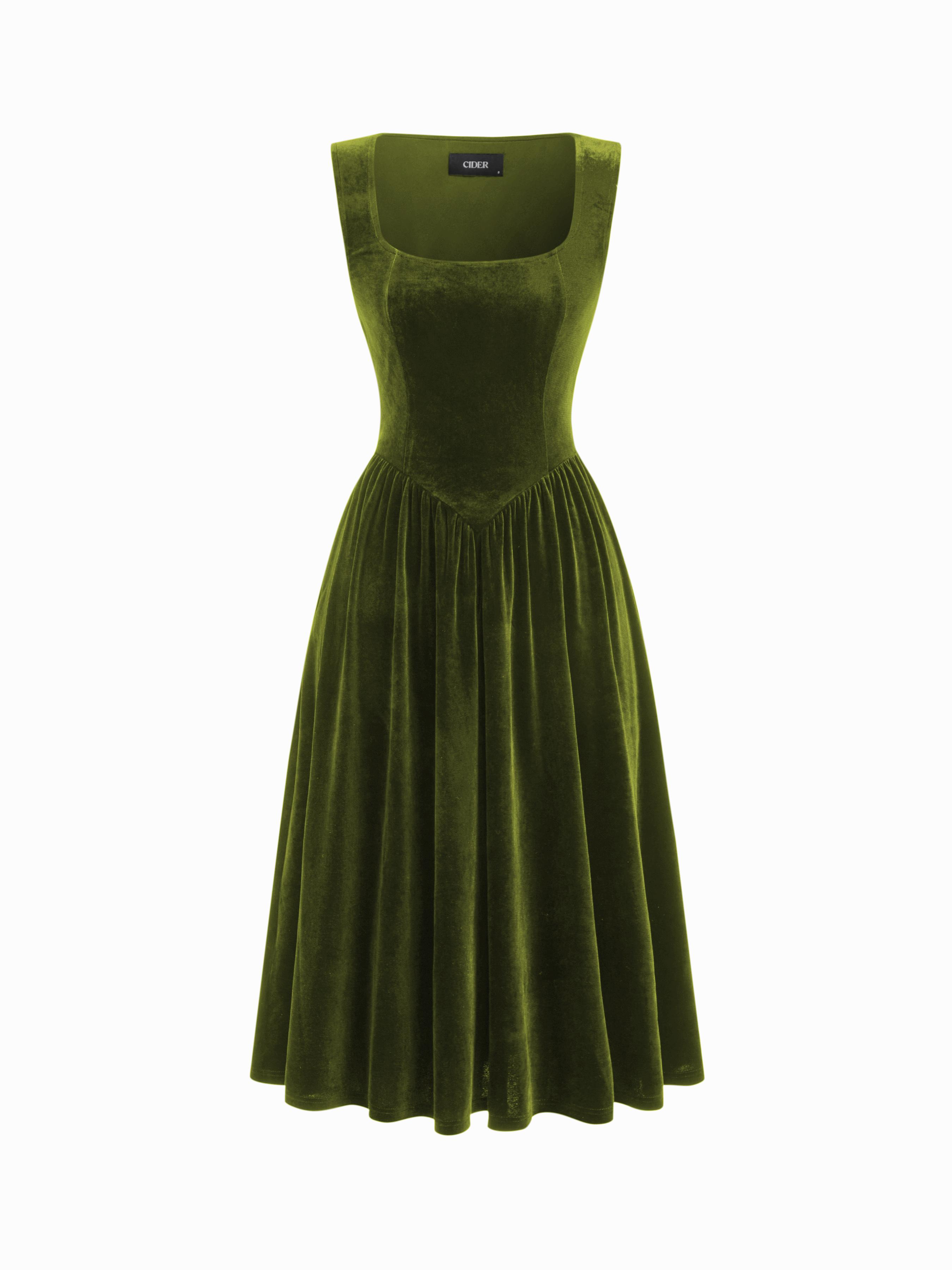 Velvet Square Neck Corset Lace Up Midi Dress by CIDER