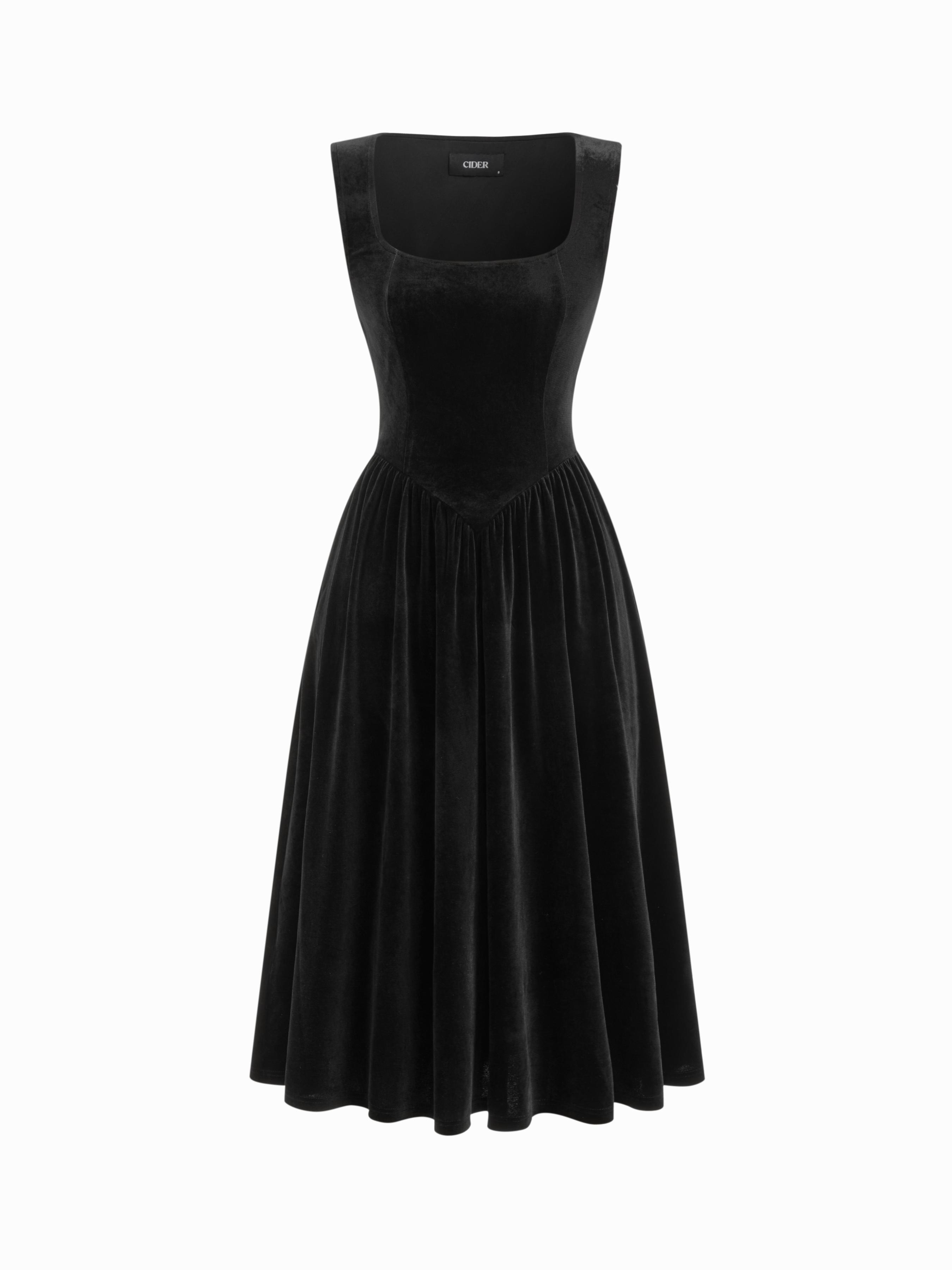 Velvet Square Neck Corset Lace Up Midi Dress by CIDER