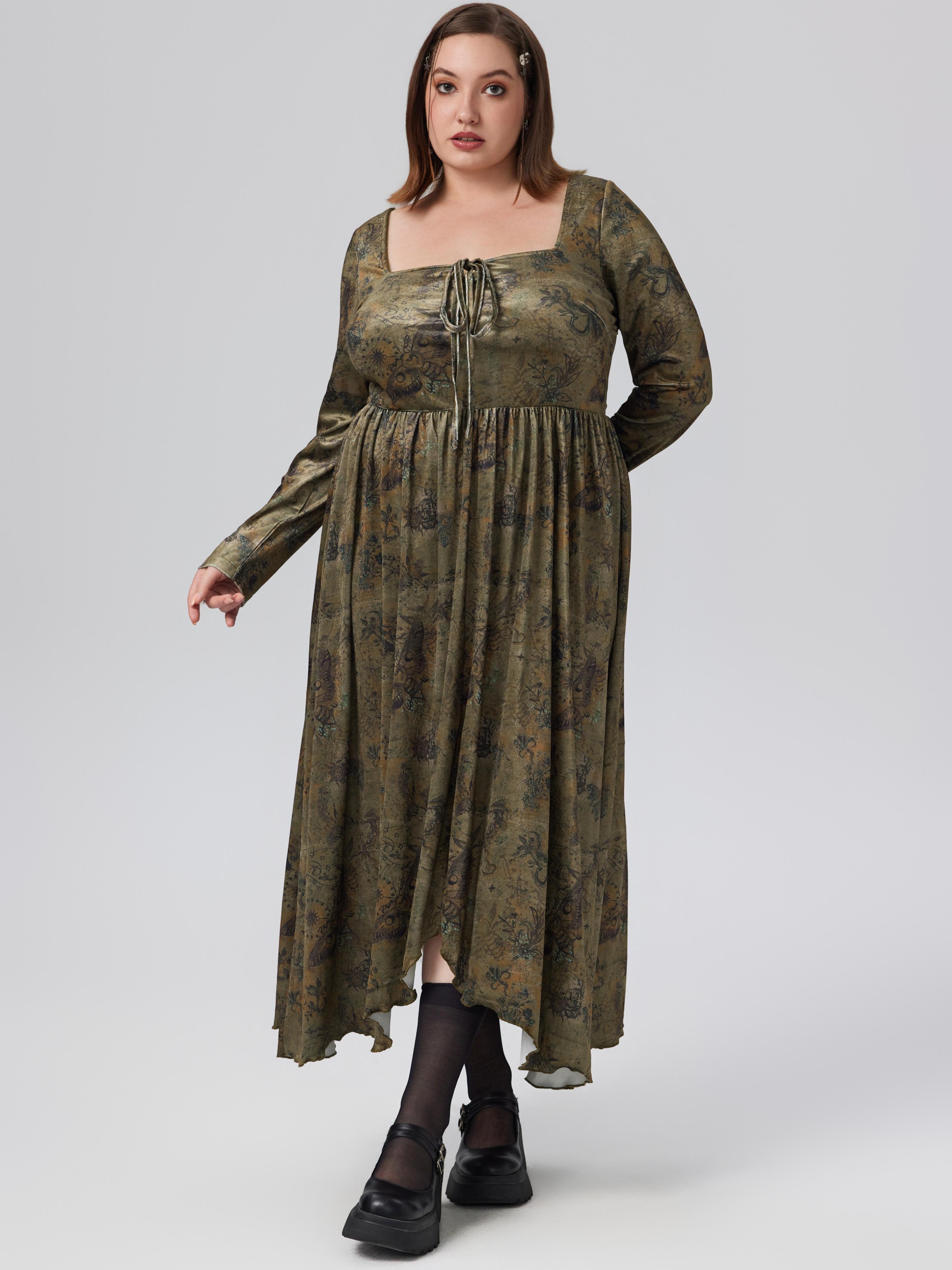 Velvet Square Neck Floral Drawstring Midi Dress Curve & Plus by CIDER