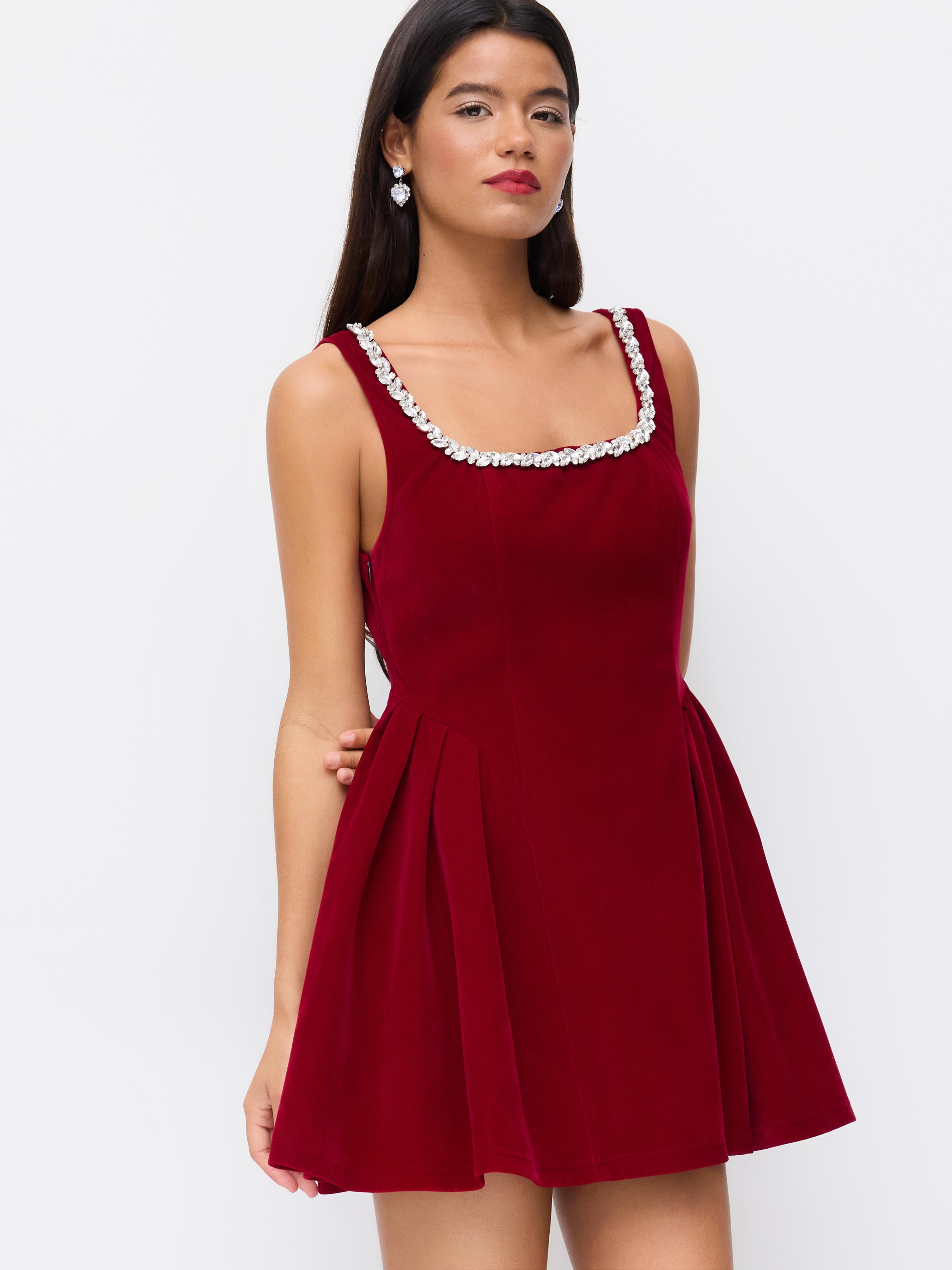 Velvet Square Neck Rhinestone Detail Pleated Mini Dress by CIDER