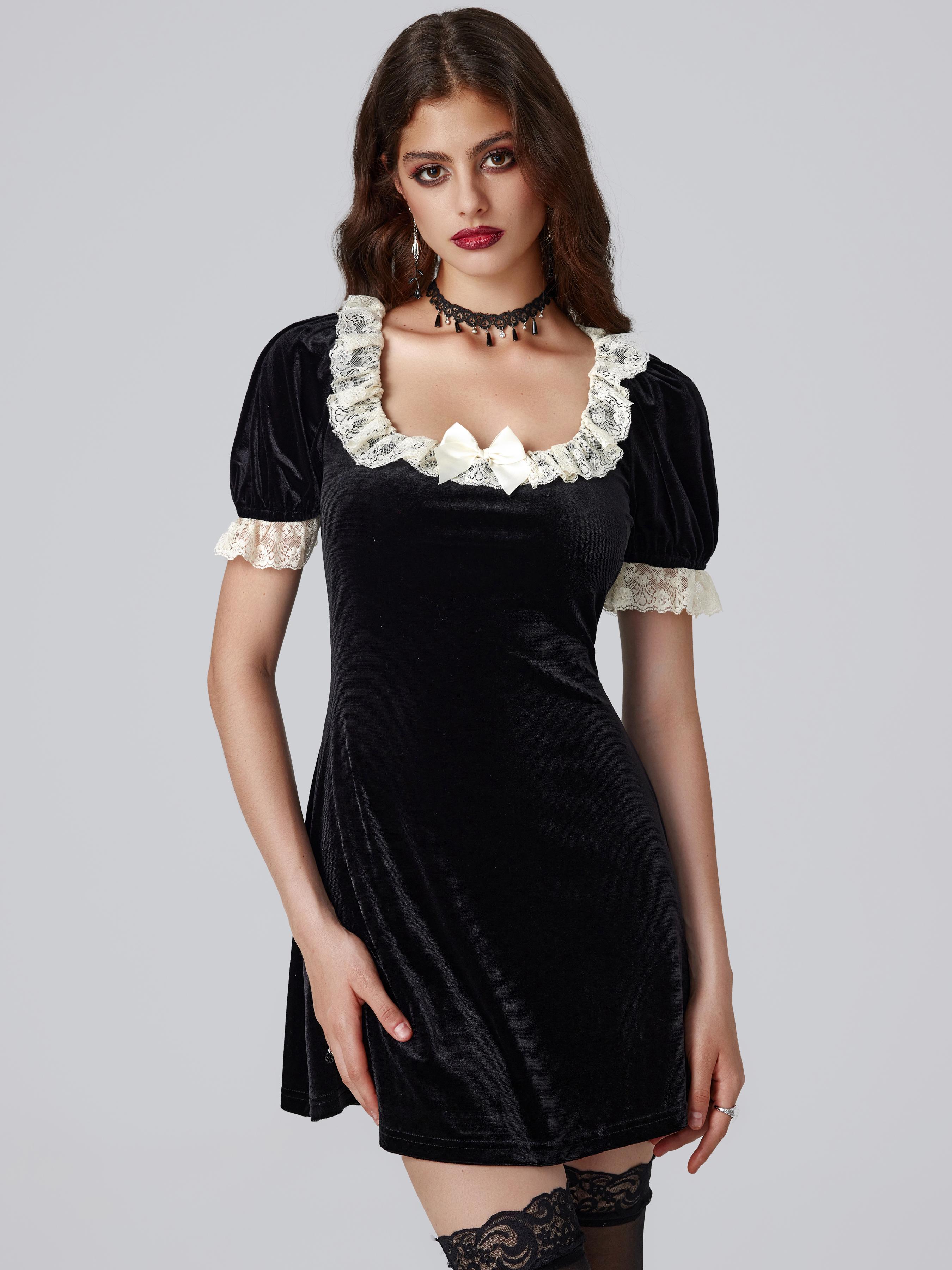 Velvet Square Neck Solid Bowknot Mini Dress by CIDER