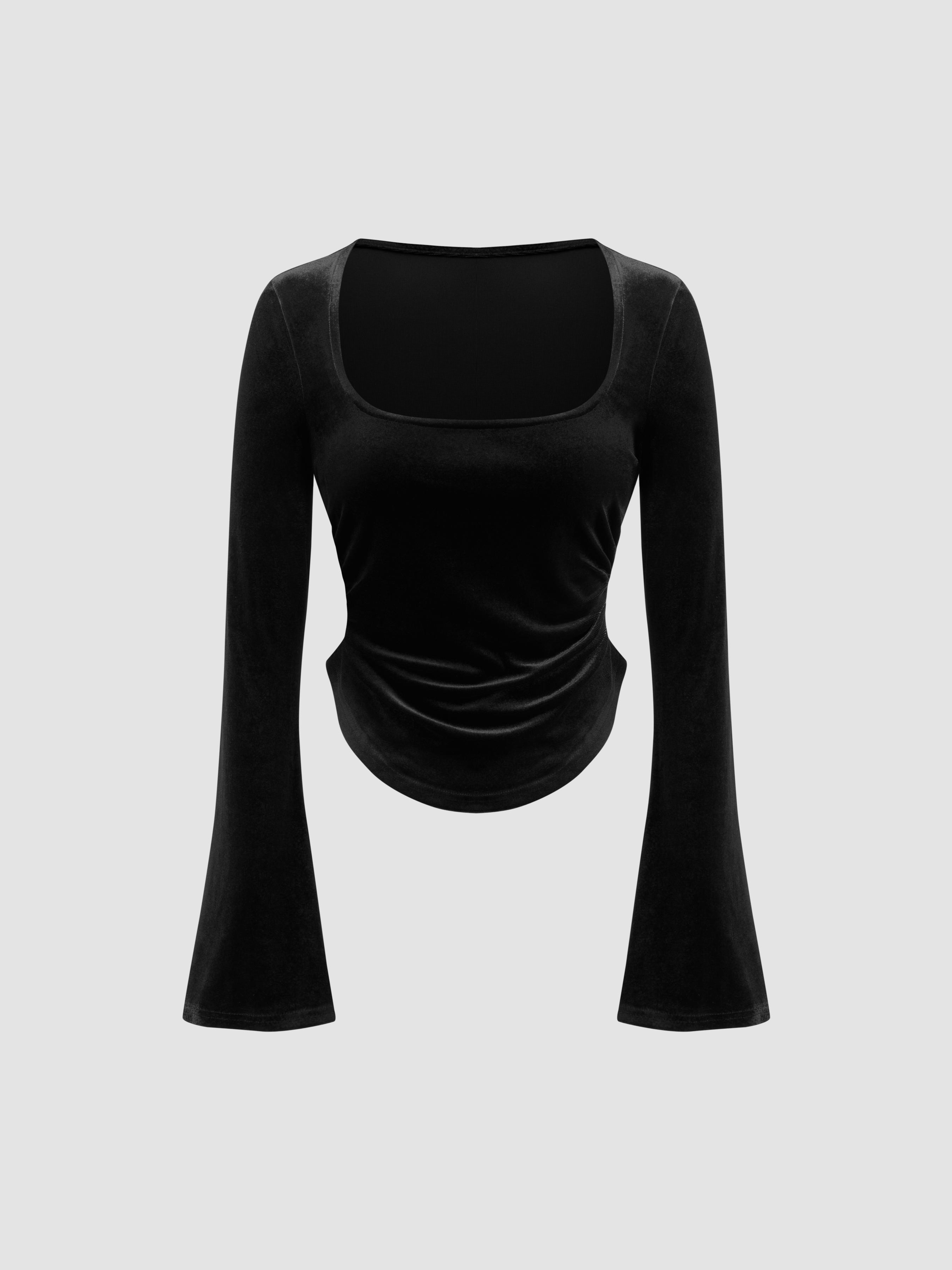 Velvet Square Neck Solid Knotted Ruched Long Sleeve Tee by CIDER