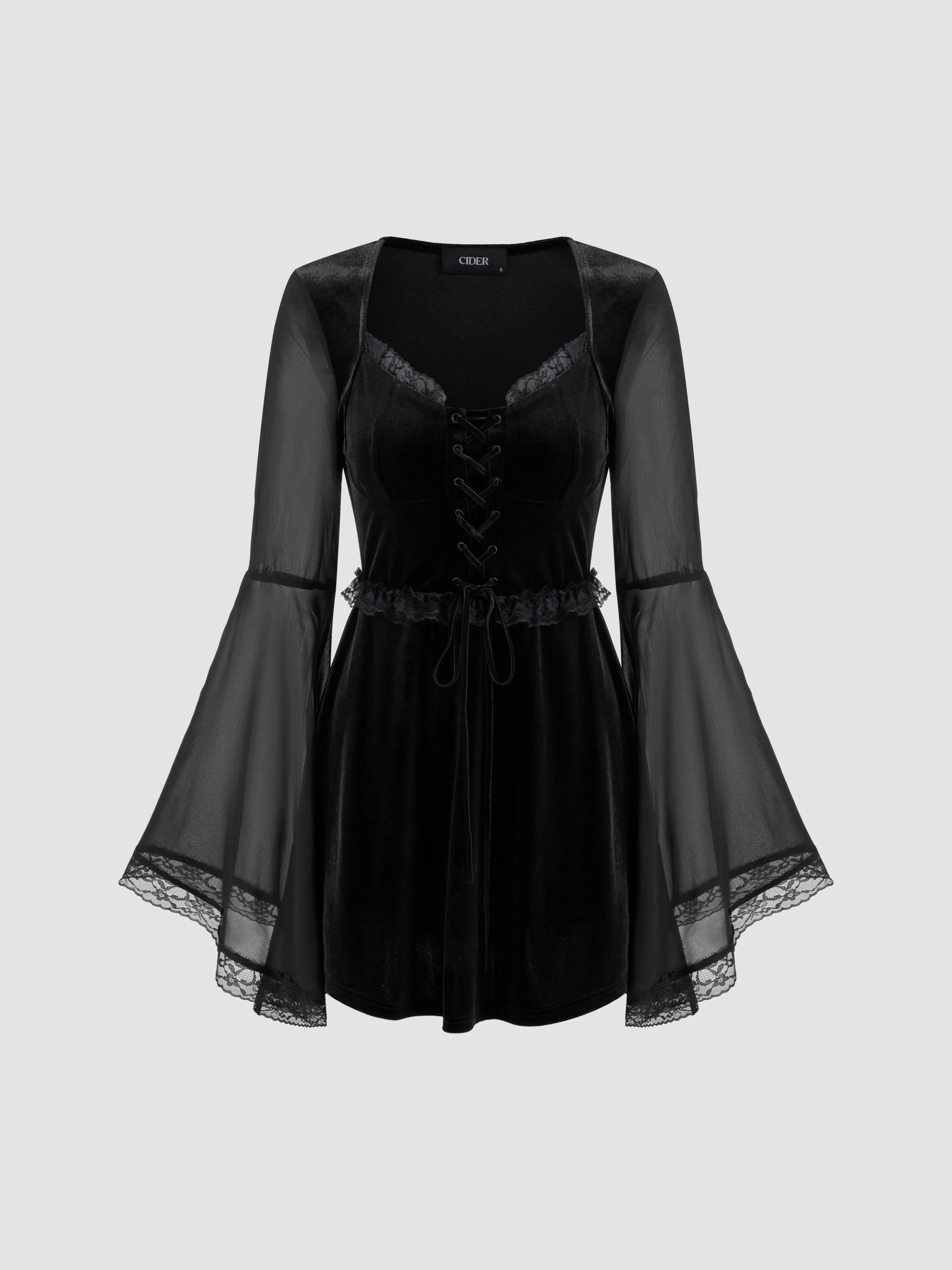 Velvet Square Neck Solid Lace Up Bell Sleeve Mini Dress by CIDER