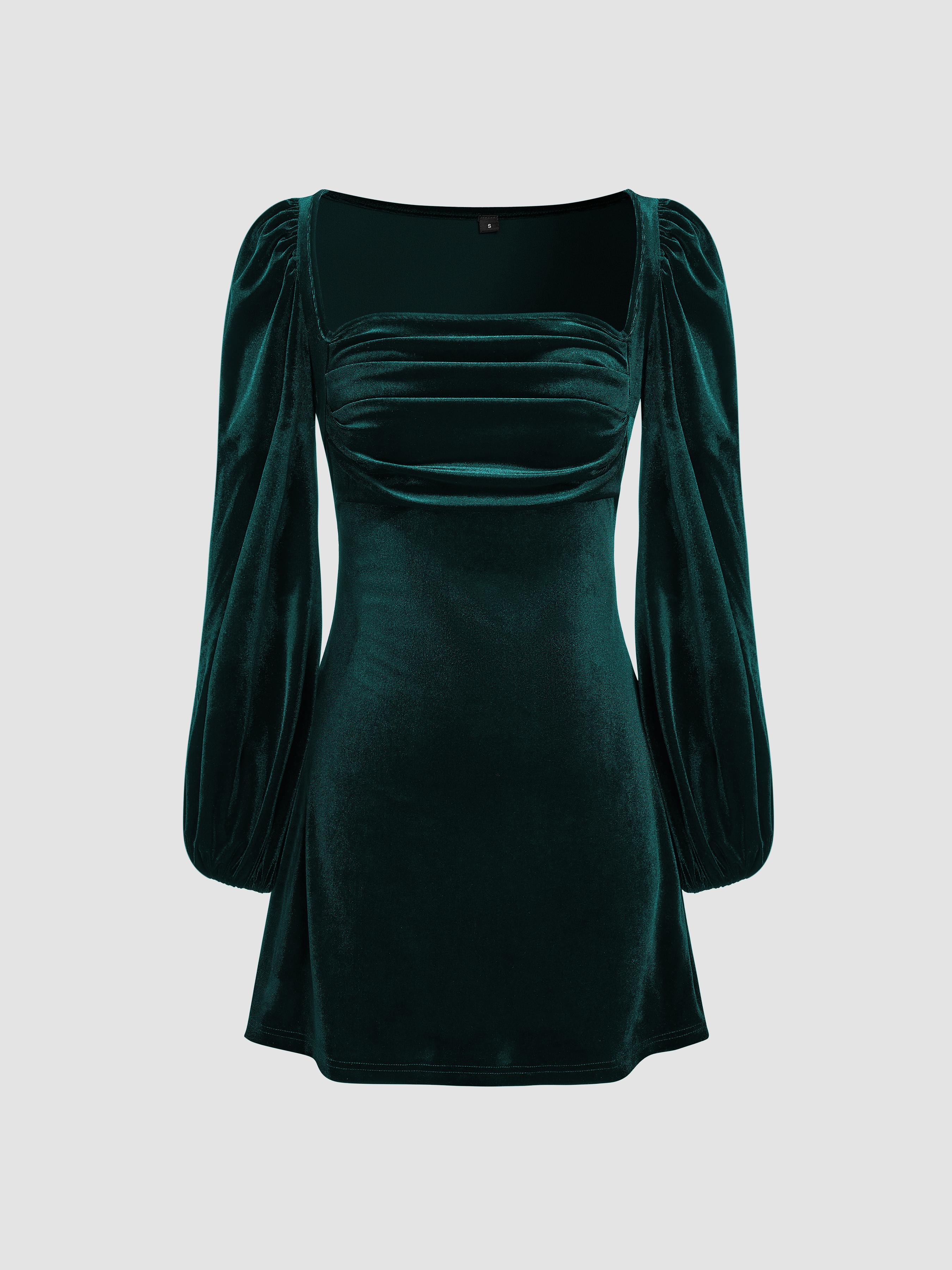 Velvet Square Neck Solid Ruched Mini Dress by CIDER