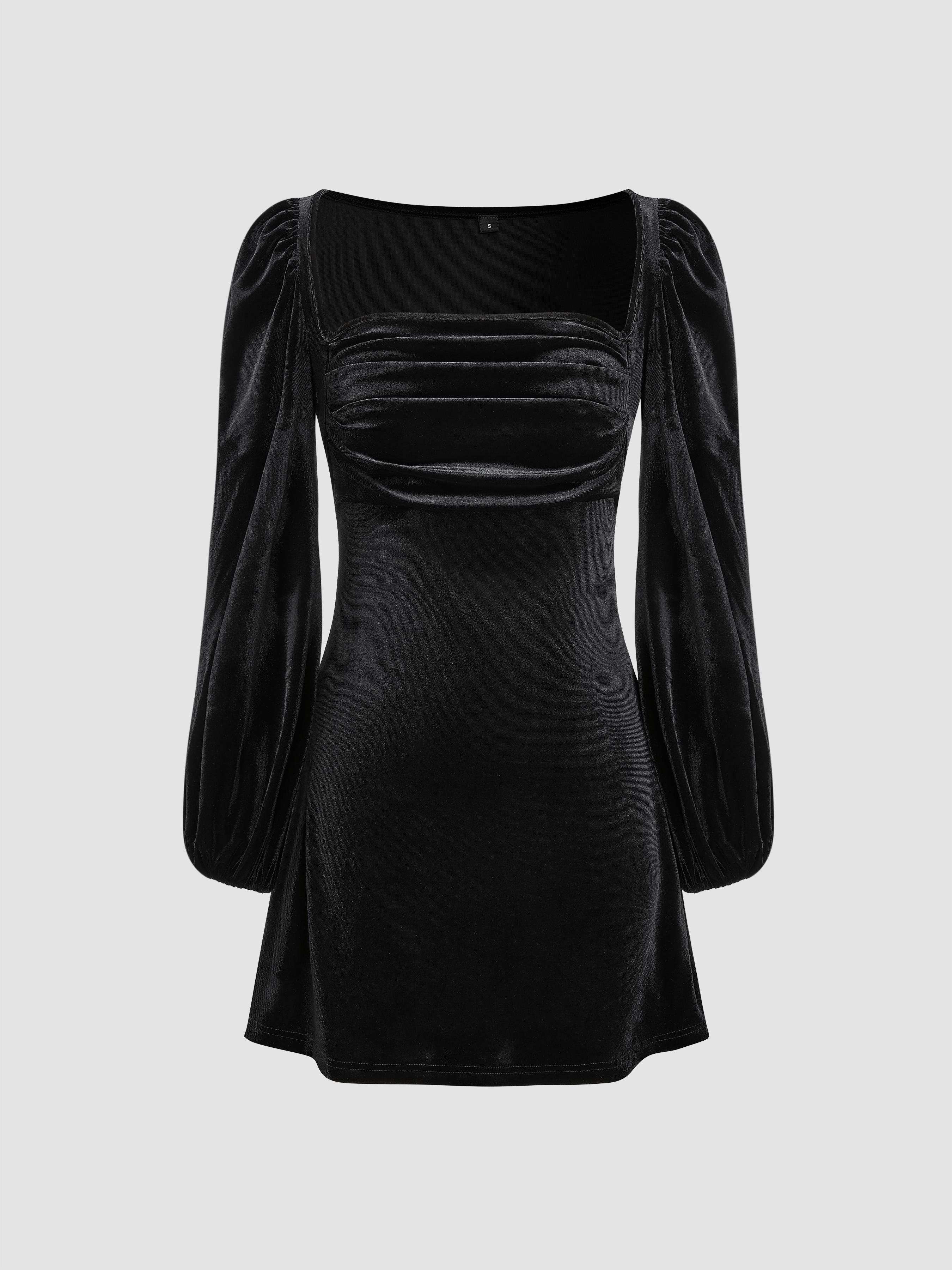 Velvet Square Neck Solid Ruched Mini Dress by CIDER