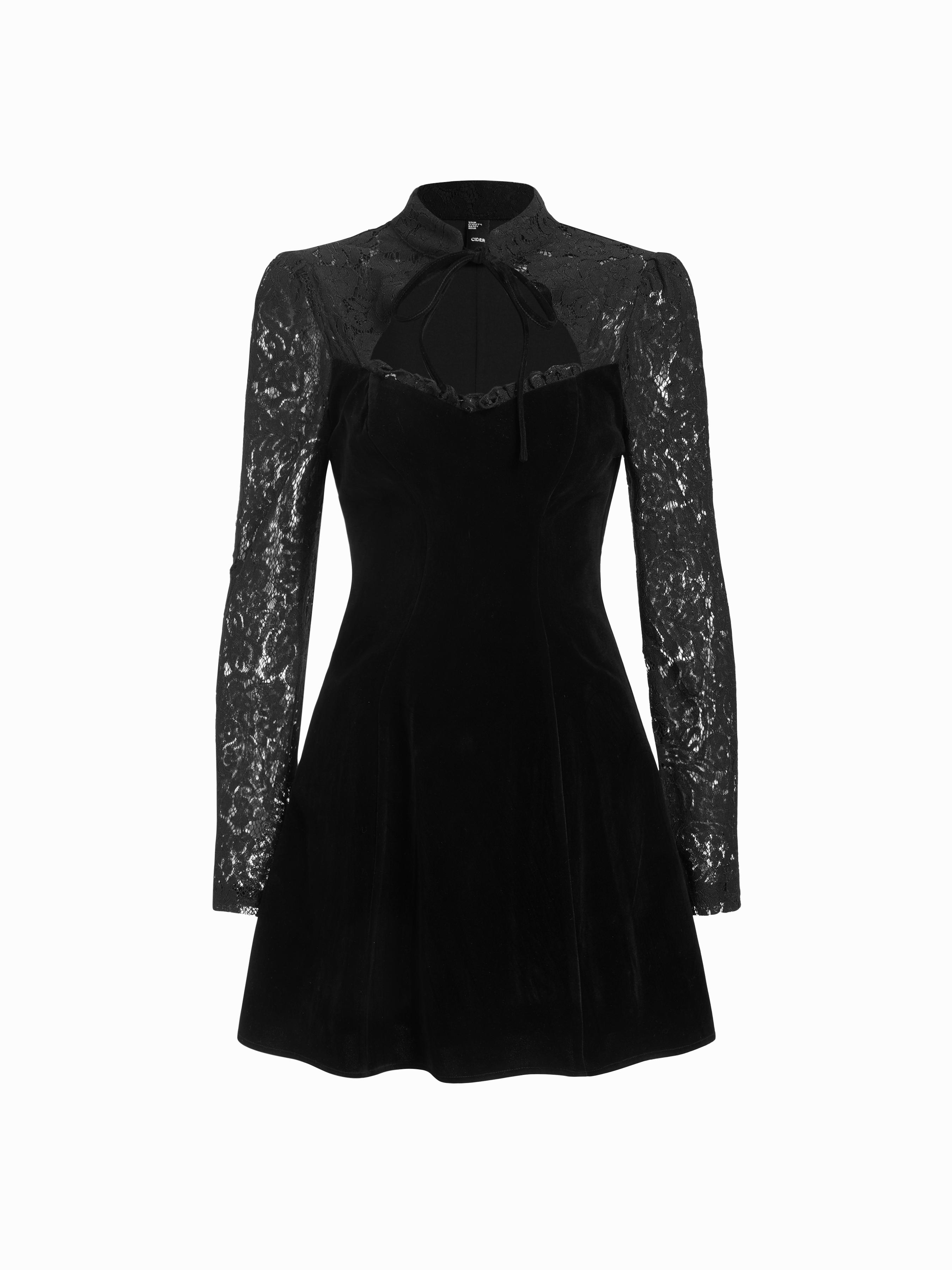 Velvet Stand Collar Long Sleeve Lace Mesh Knotted Mini Dress by CIDER