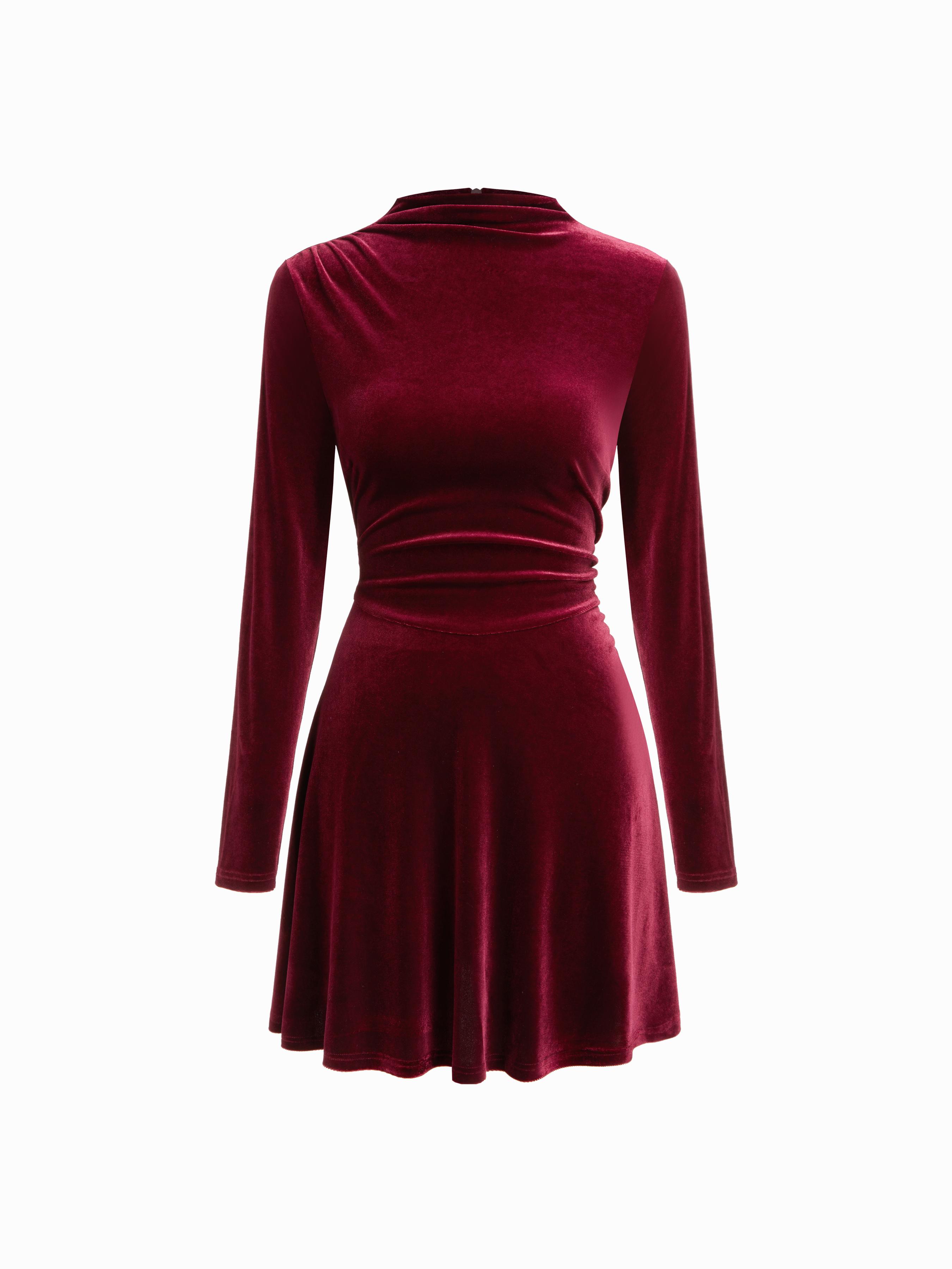Velvet Stand Collar Ruched Zipper Mini Dress by CIDER