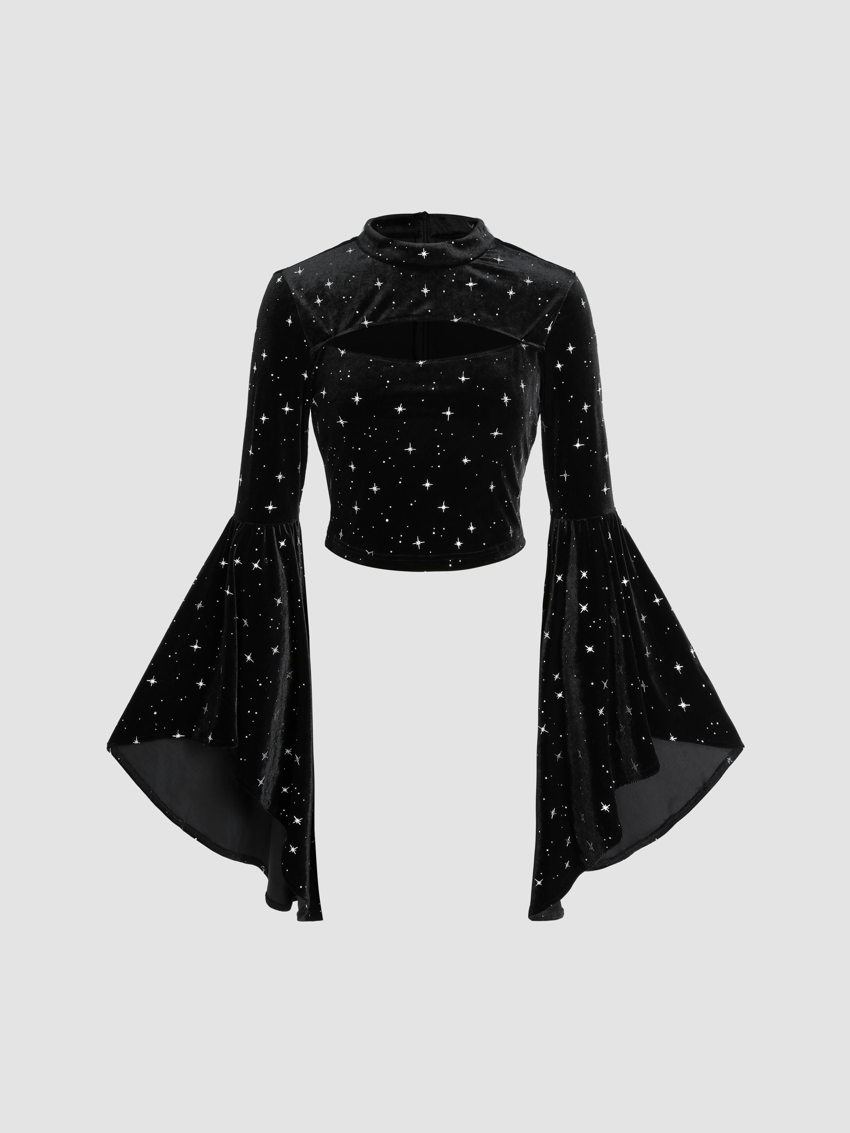 Velvet Star Pattern Bell Sleeve Crop Top by CIDER
