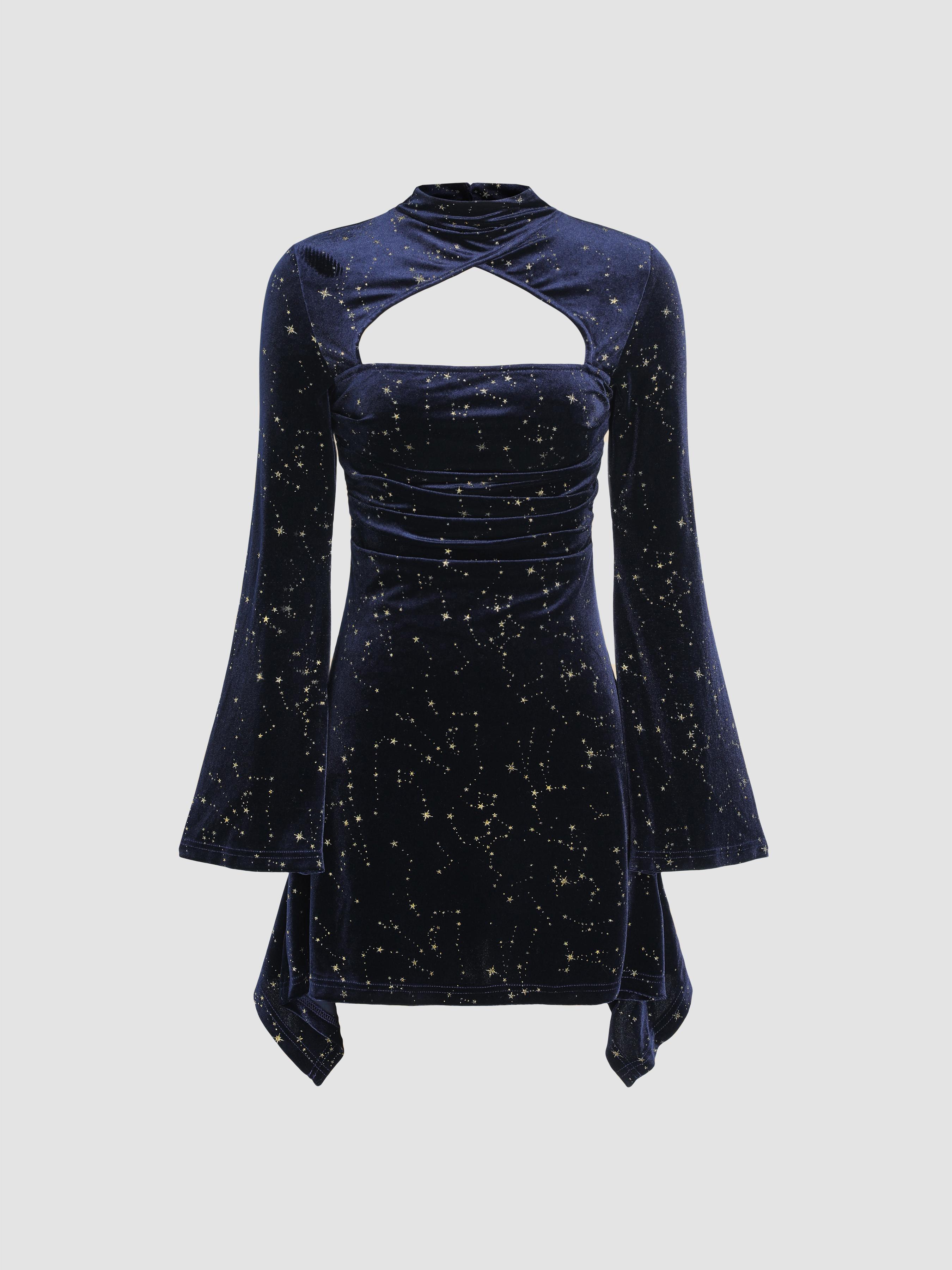Velvet Star Pattern Bell Sleeve Short Dress by CIDER Velvet Star Pattern Bell Sleeve Short Dress by CIDER