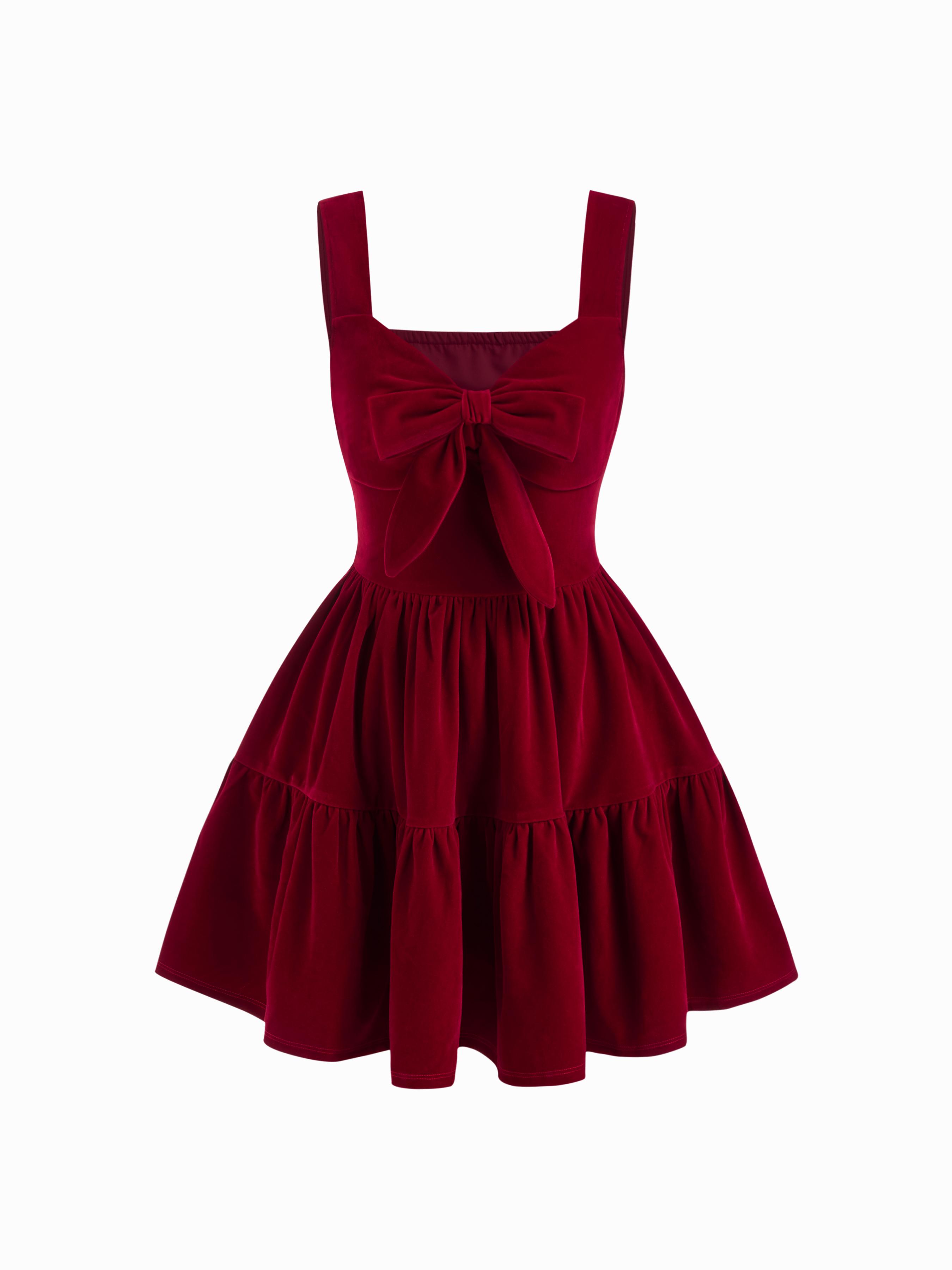 Velvet Sweetheart Neck Bowknot Tiered Ruffle Hem Mini Dress by CIDER