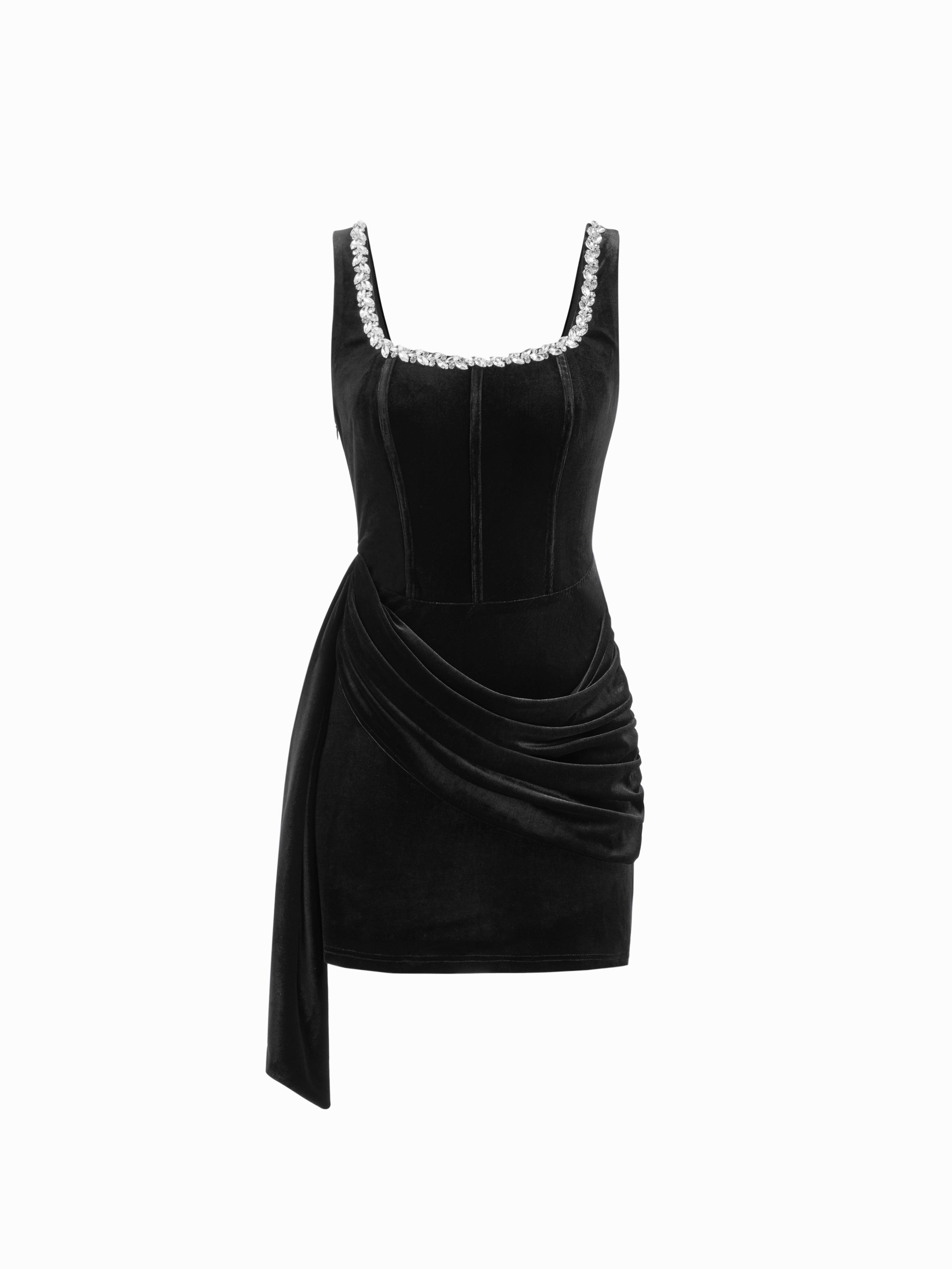 Velvet U-neckline Rhinestone Draped Ruched Corset Mini Dress by CIDER