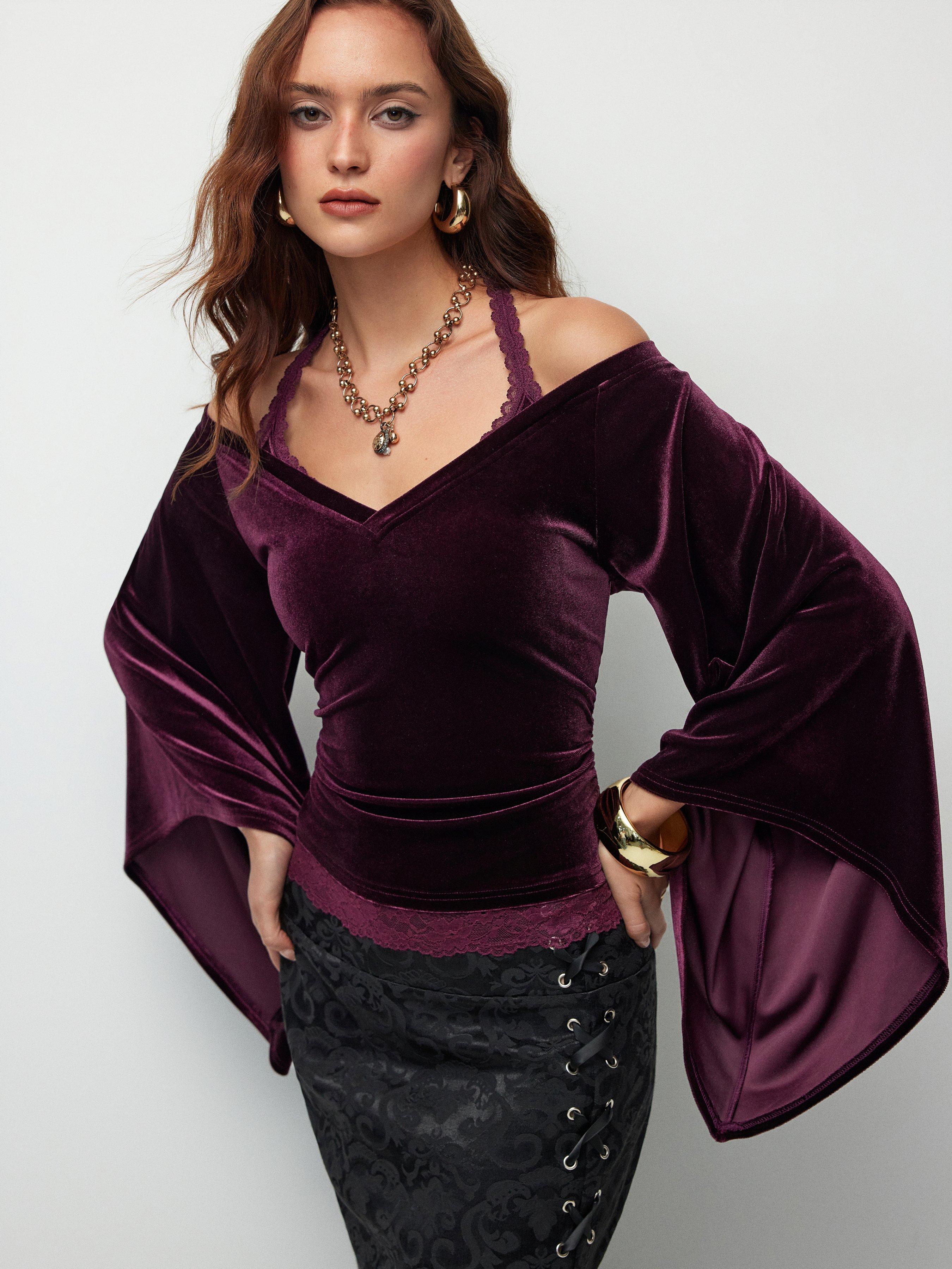 Velvet V-neck Bell Sleeve Crop Top by CIDER